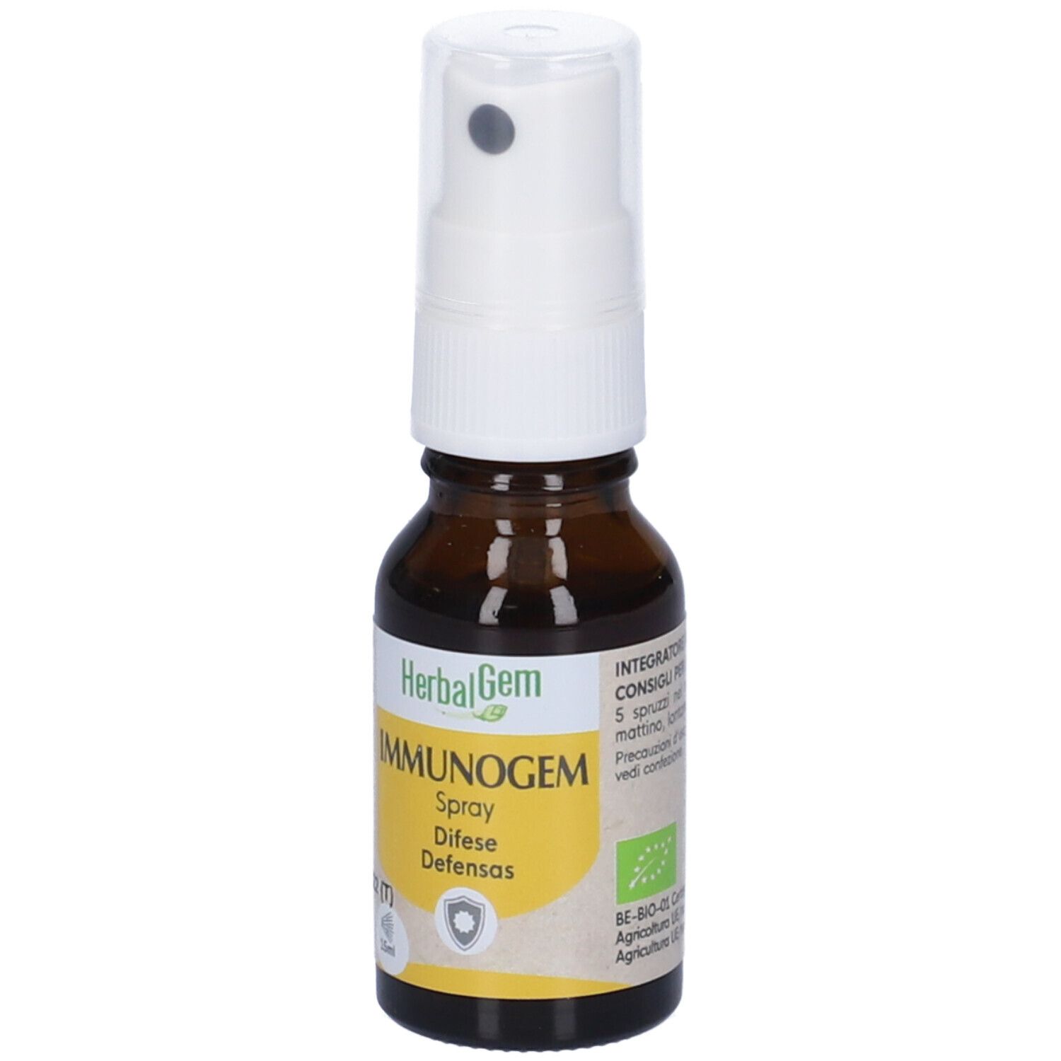 Flacone di vetro marrone con nebulizzatore bianco. Etichetta con informazioni sul prodotto. 15ml.
