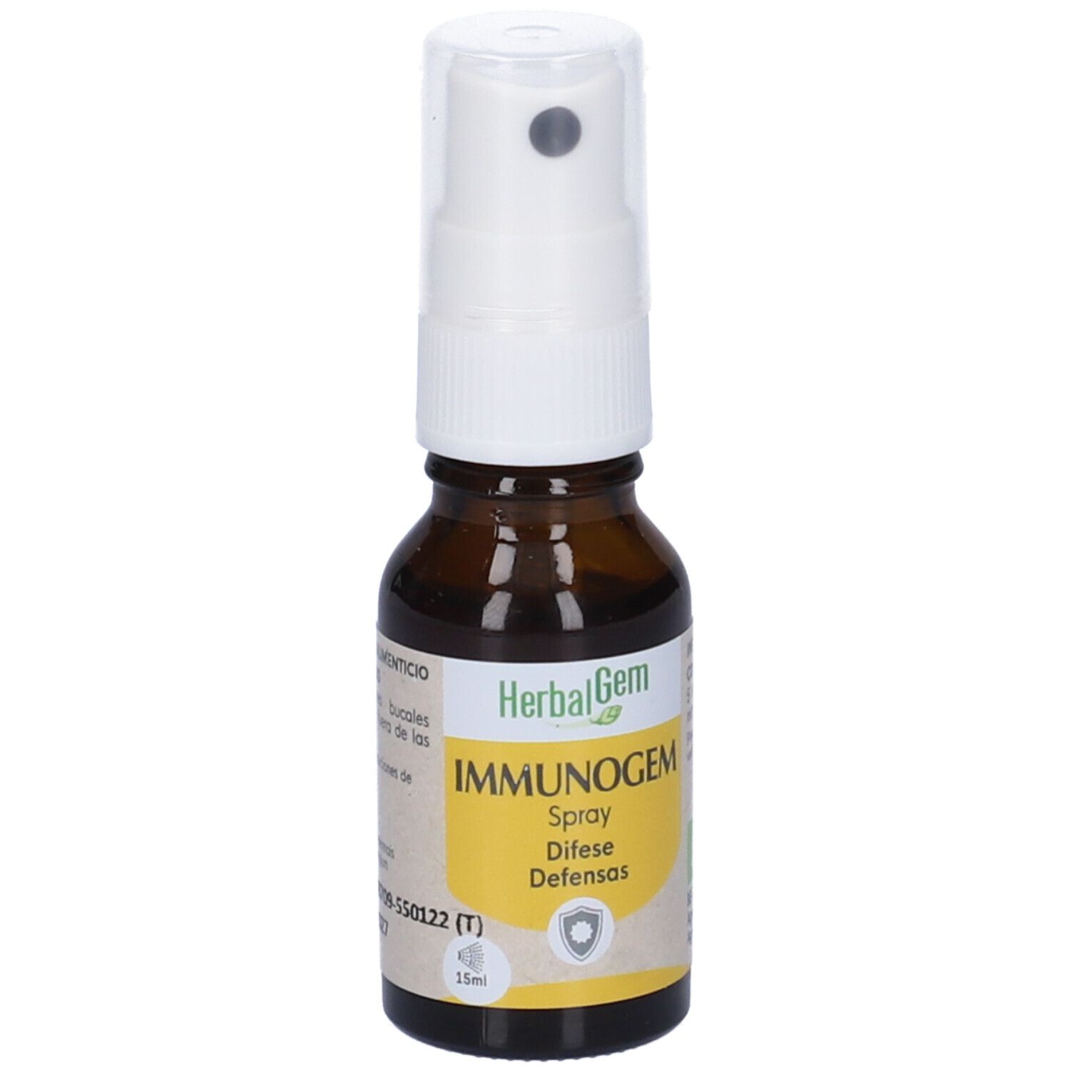 Flacone di vetro marrone con nebulizzatore bianco. Etichetta con informazioni sul prodotto. 15ml.