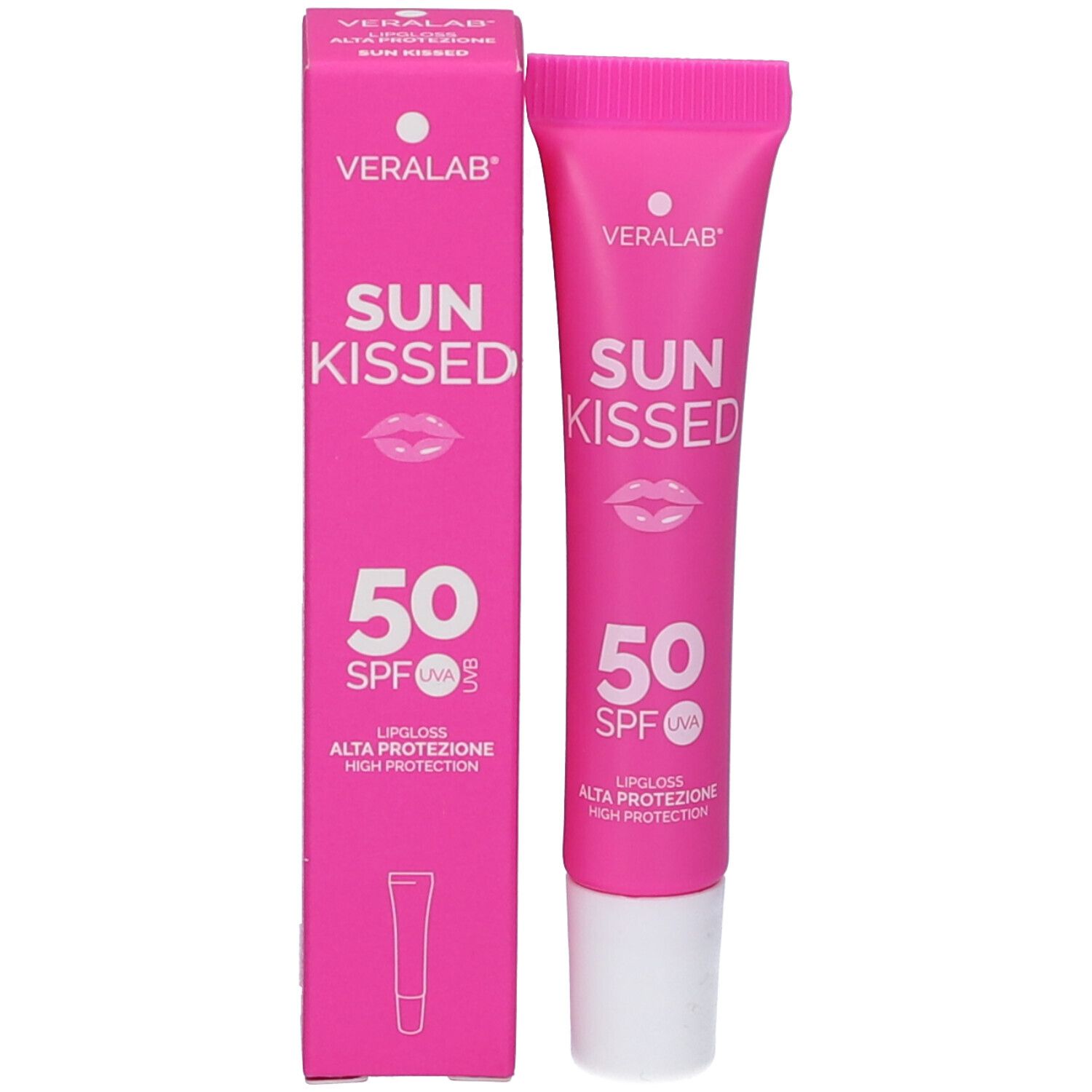 Scatola e tubo rosa. Scritta: VERALAB, SUN KISSED, simbolo labbra, 50 SPF UVA. Lipgloss, Alta Protezione, High Protection. Simbolo tubo.