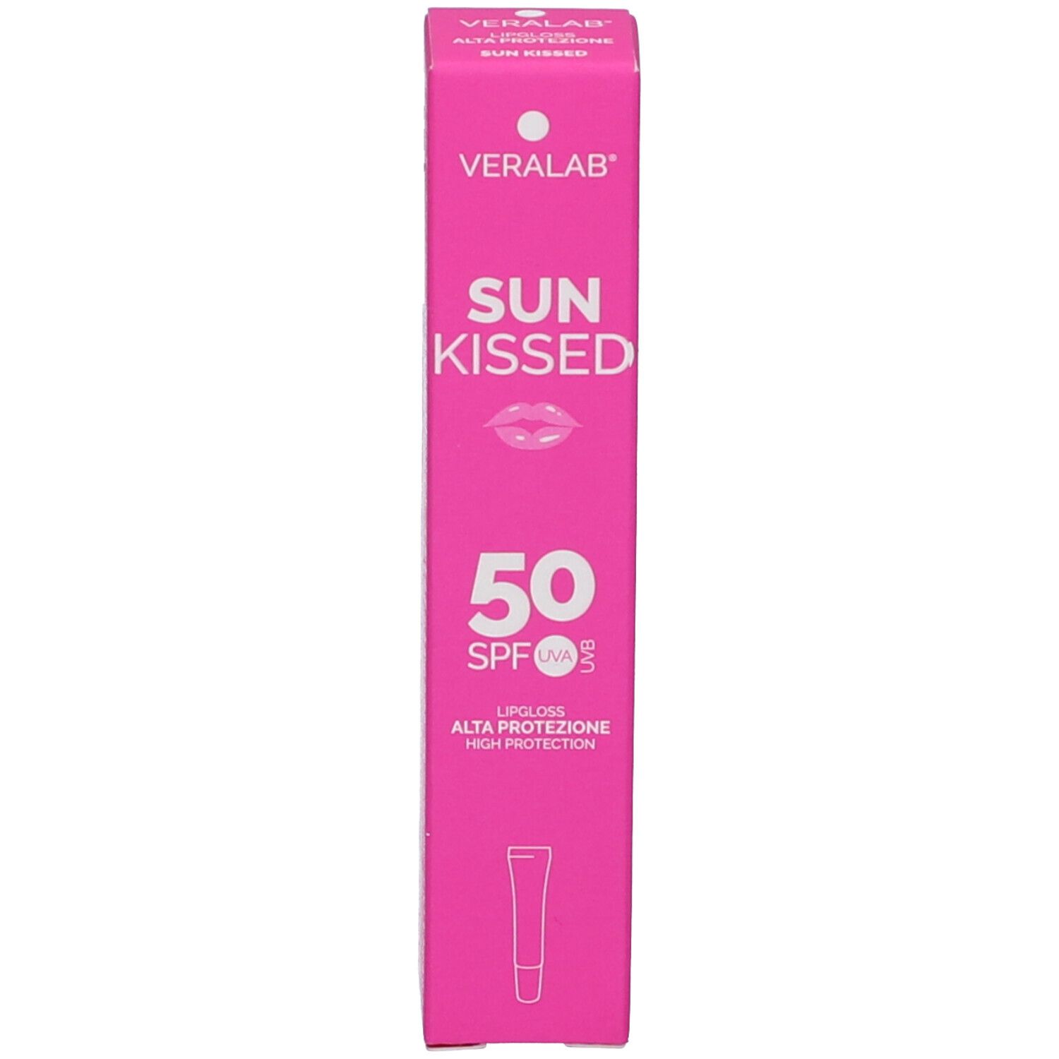 Scatola rosa. Scritta: VERALAB, SUN KISSED, simbolo labbra, 50 SPF UVA. Lipgloss, Alta Protezione, High Protection. Simbolo tubo.
