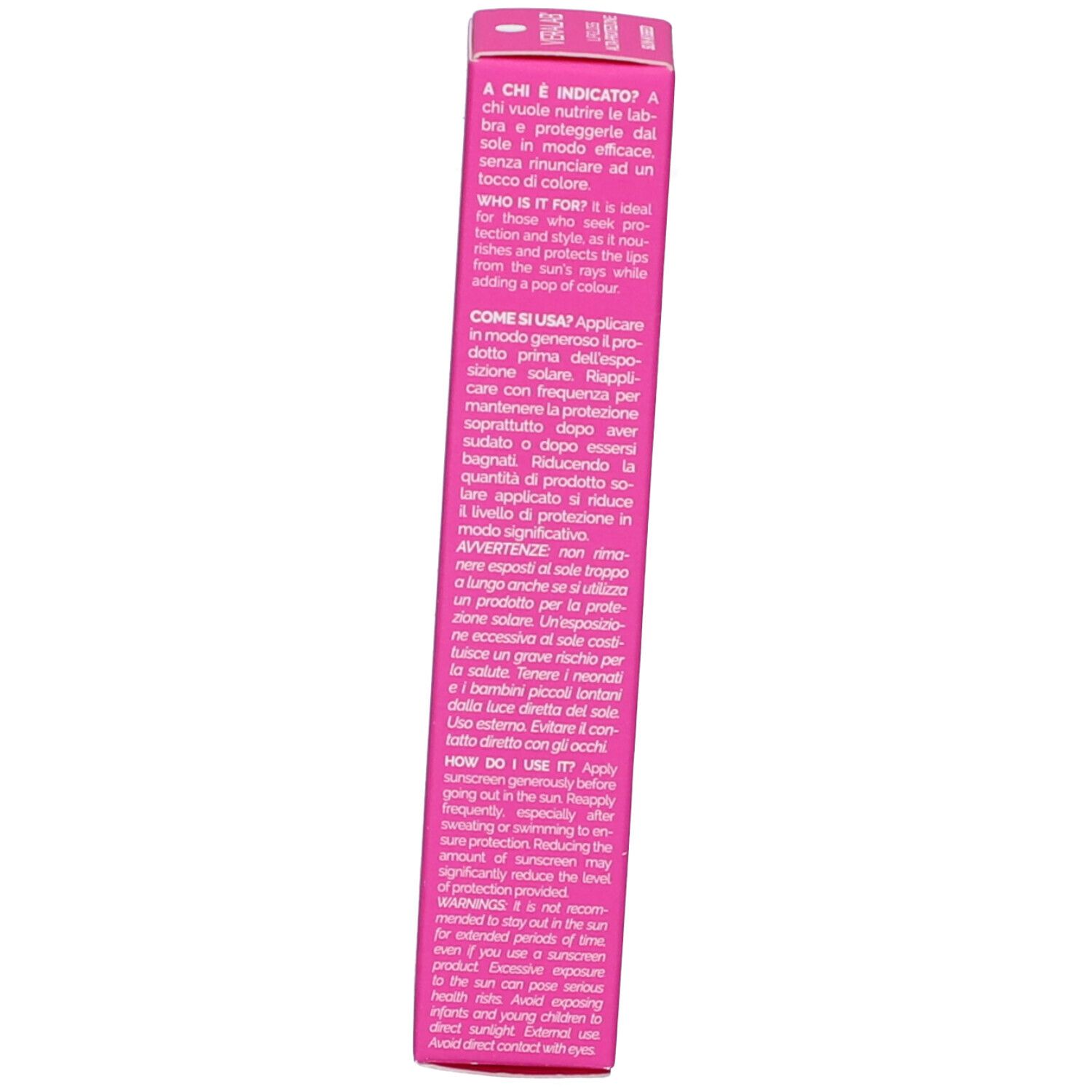 Scatola rosa con testo. Contiene informazioni su utilizzo, ingredienti e avvertenze. Testo in italiano.