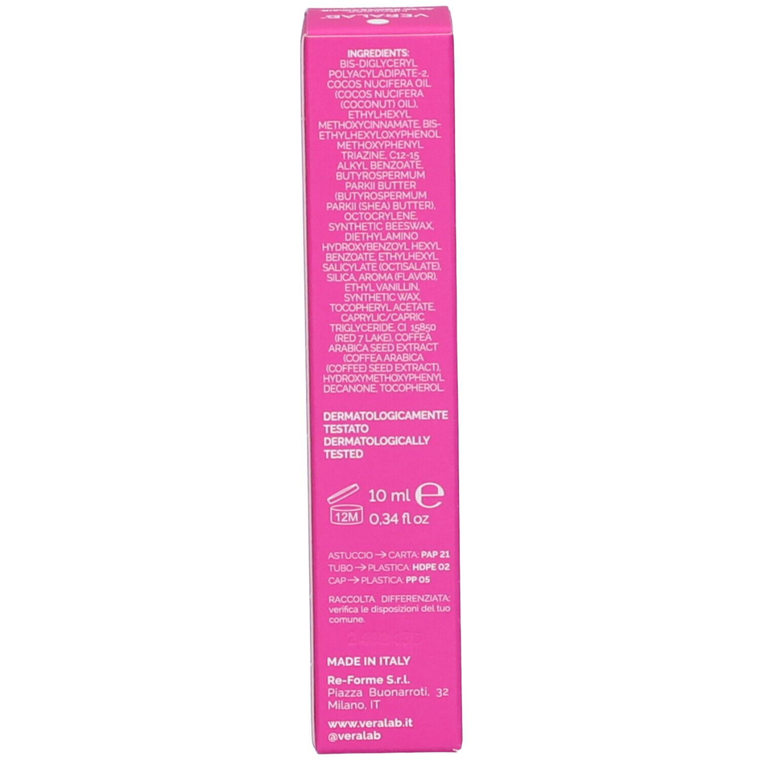 Retro della scatola rosa. Contiene ingredienti, 10 ml, 0,34 fl oz. Dermatologicamente testato. Made in Italy. Simbolo riciclo.