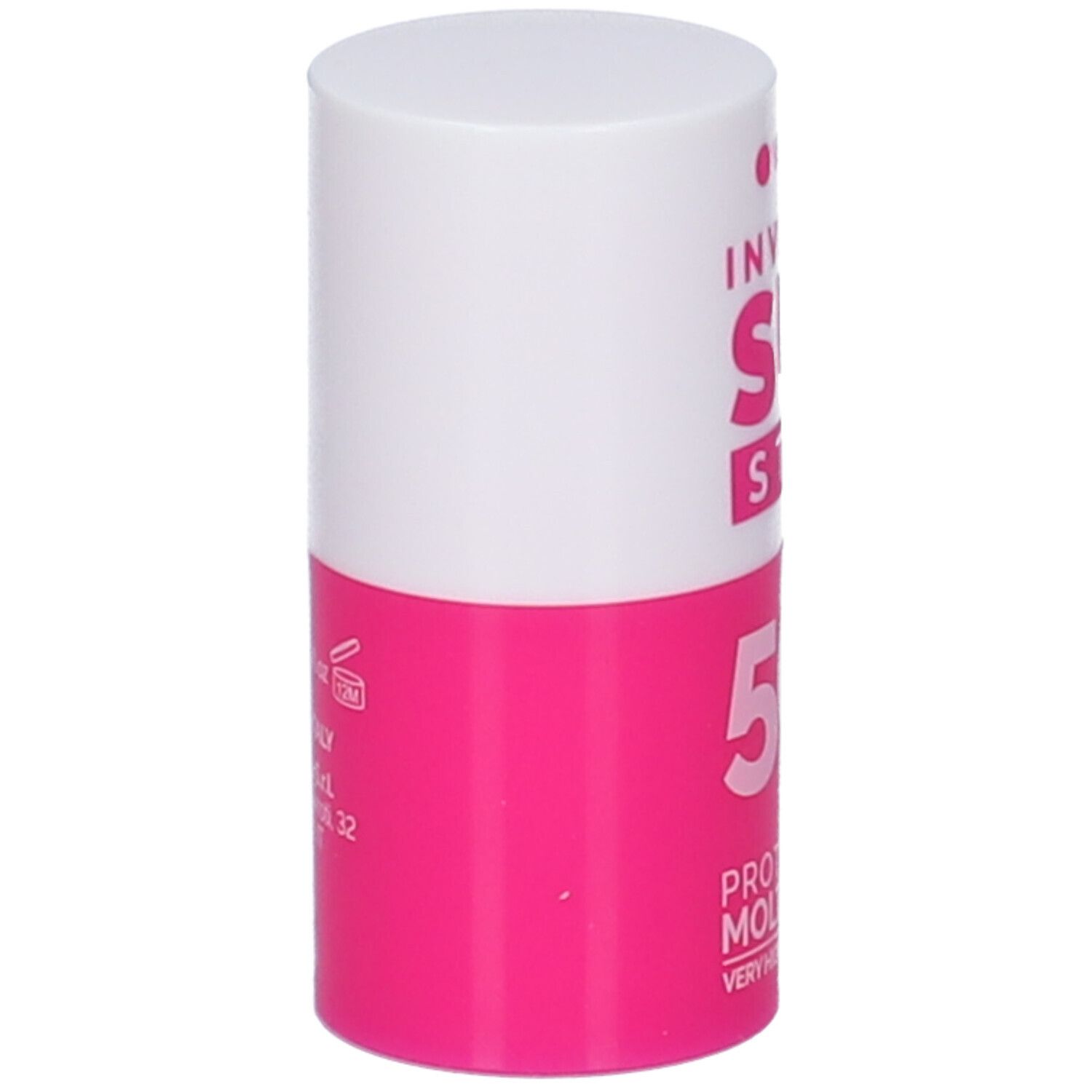 Stick solare cilindrico, bianco-rosa. Scritta: INVISIBLE SUN STICK, 50+ SPF. Dettagli: 12M, 4ml.