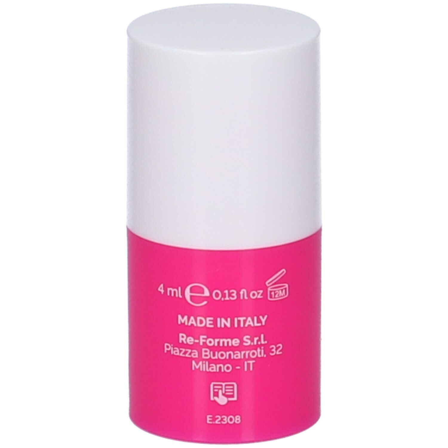 Stick solare cilindrico, bianco-rosa. Scritta: 4 ml, Made in Italy. Dettagli: 12M.