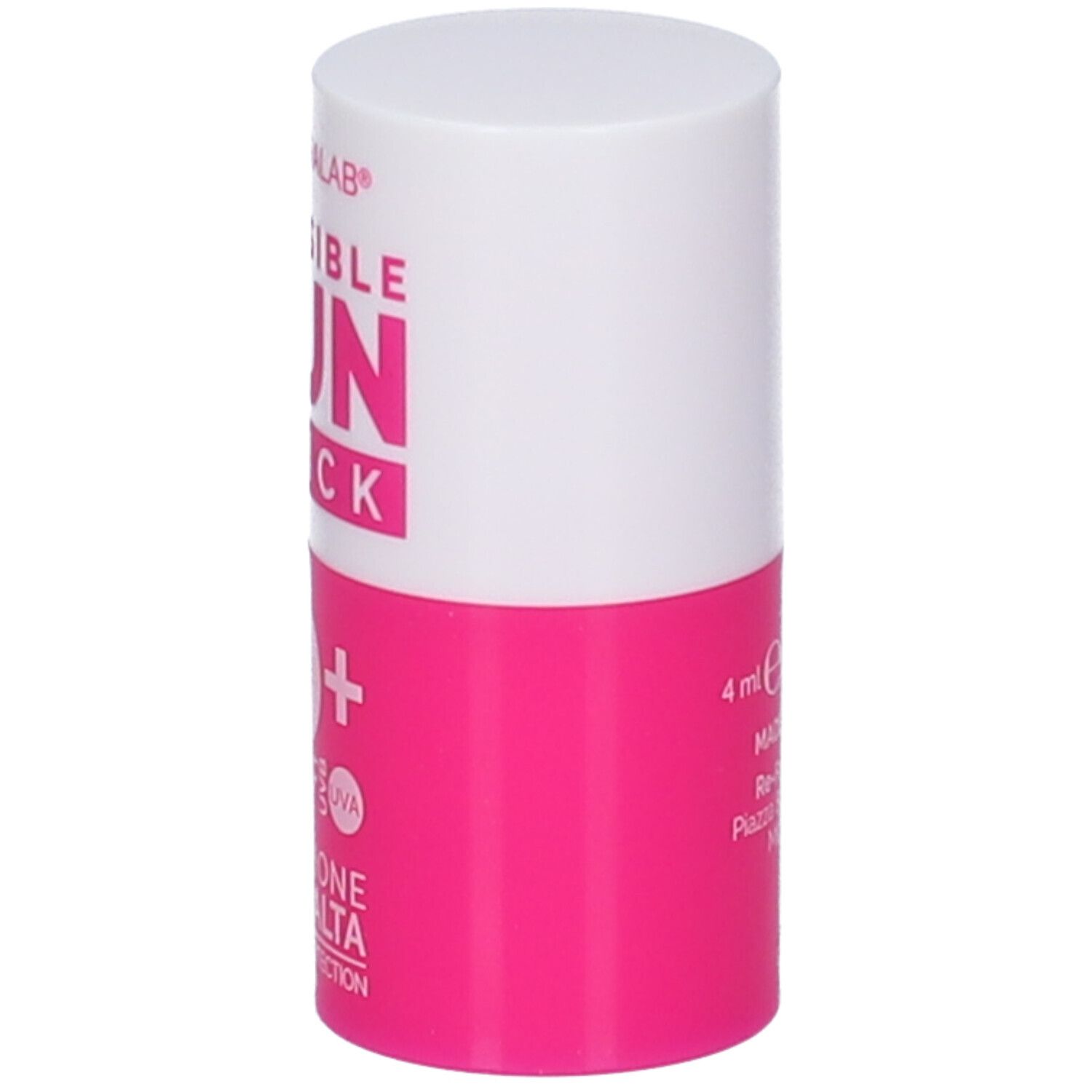 Stick solare cilindrico, bianco-rosa. Scritta: VERALAB, INVISIBLE SUN STICK, 50+ SPF, 4 ml.