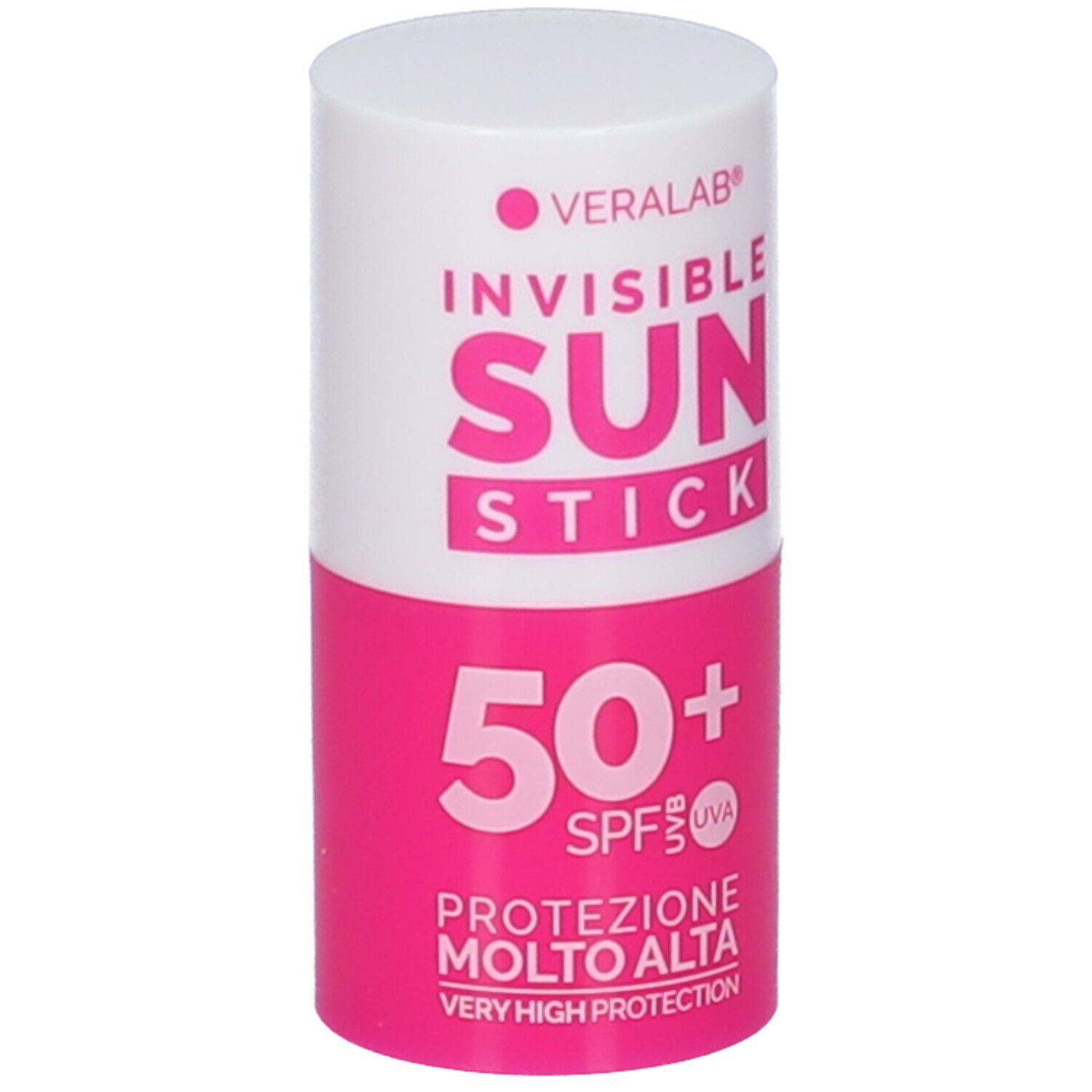 Stick solare cilindrico, bianco-rosa. Scritta: VERALAB, INVISIBLE SUN STICK, 50+ SPF, Protezione Molto Alta.