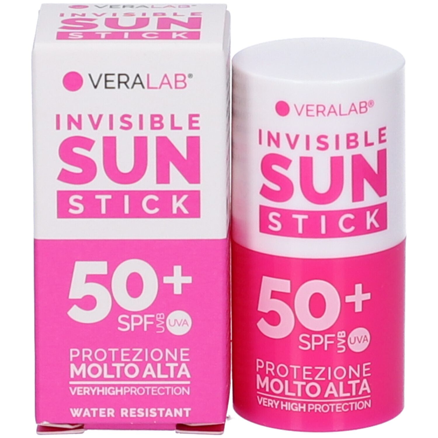 Stick solare cilindrico e confezione. Scritta: VERALAB, INVISIBLE SUN STICK, 50+ SPF, Protezione Molto Alta.