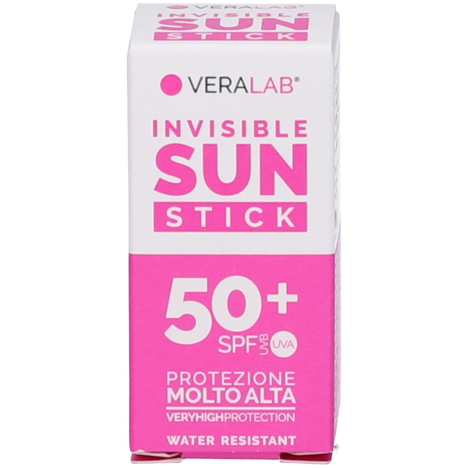 Confezione, bianca e rosa. Scritta: VERALAB, INVISIBLE SUN STICK, 50+ SPF, Protezione Molto Alta, Water Resistant.