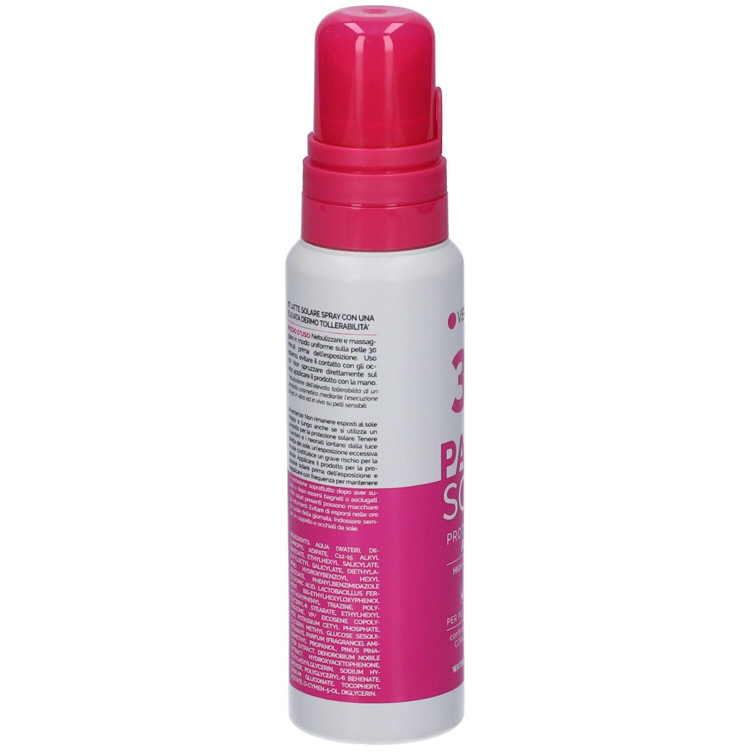 Retro del flacone di spray solare. Testo in italiano. Contiene ingredienti e istruzioni per l'uso.