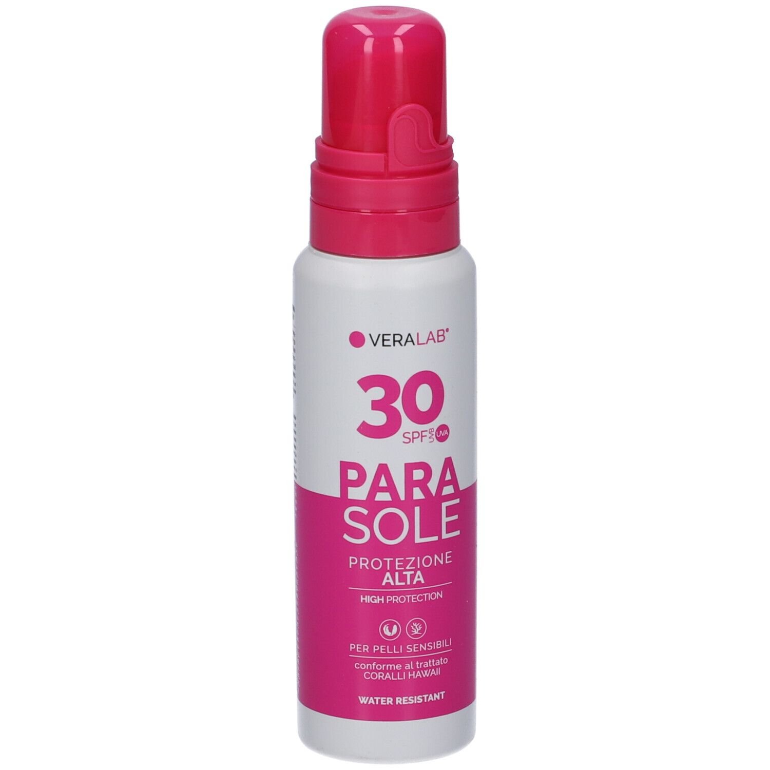 Spray solare con tappo rosa. Scritta: Veralab, 30 SPF, Parasole, Protezione Alta. Resistente all'acqua.