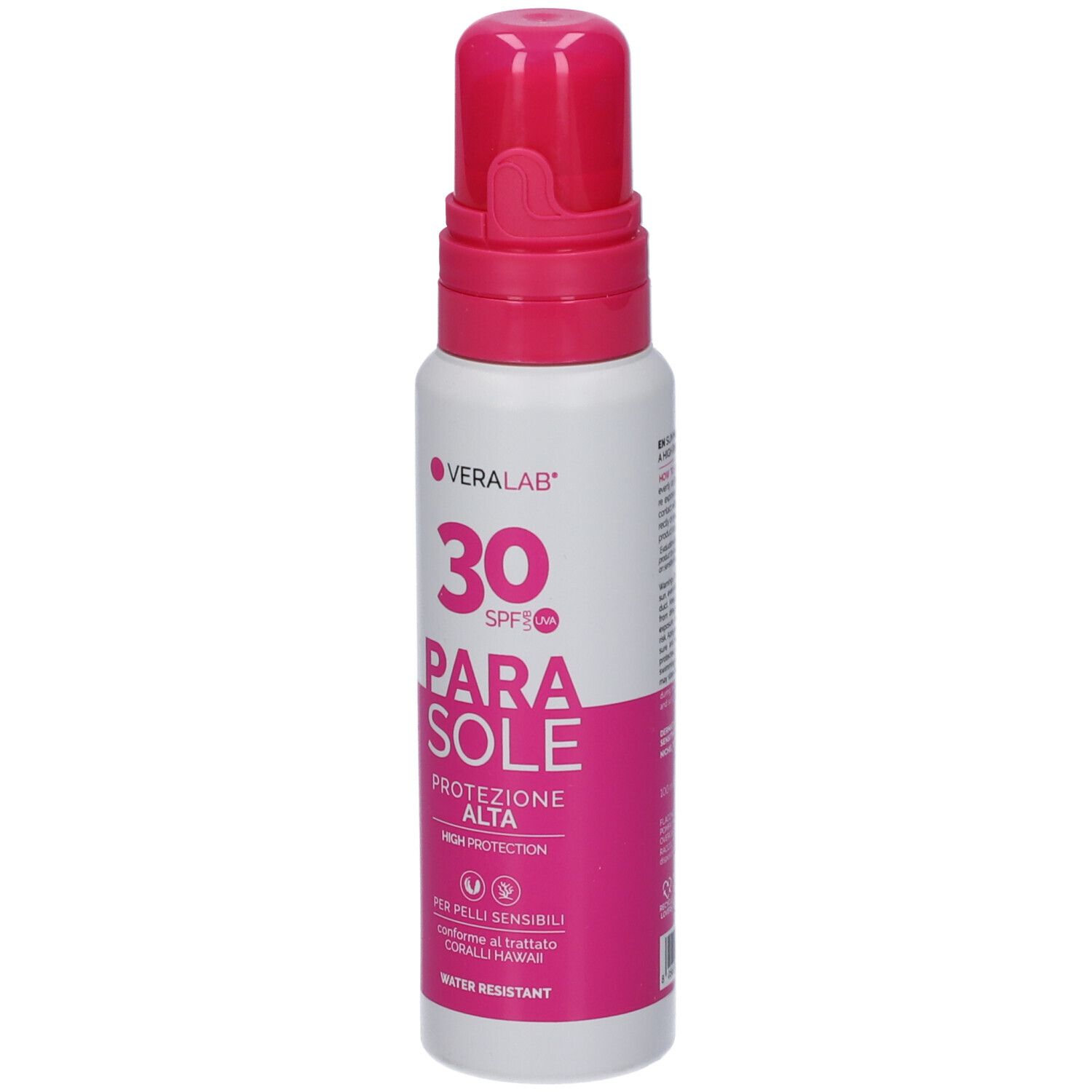 Spray solare con tappo rosa. Scritta: Veralab, 30 SPF, Parasole, Protezione Alta. Resistente all'acqua.
