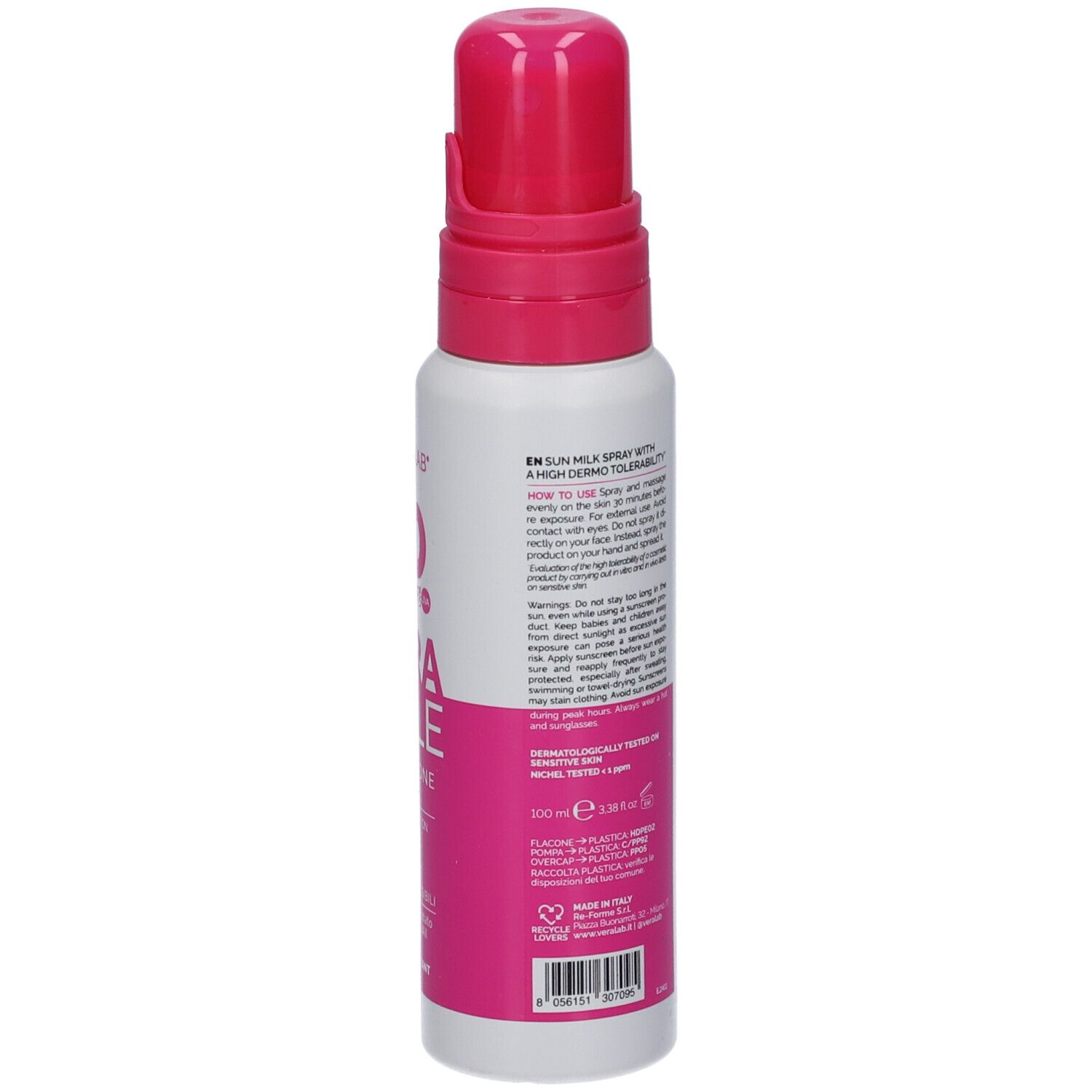 Retro del flacone di spray solare. Testo in inglese e italiano. Contiene ingredienti e istruzioni per l'uso.