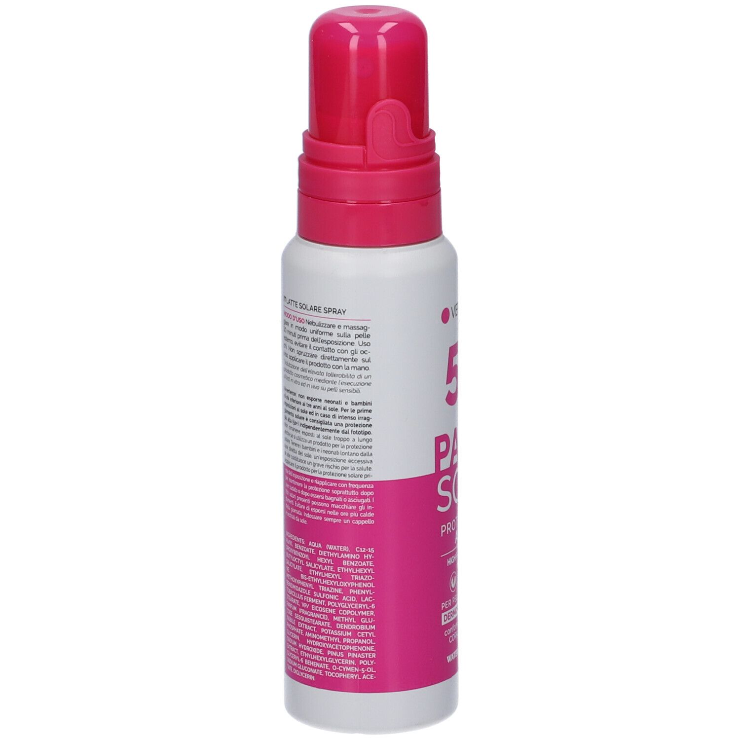 Retro del flacone di protezione solare. Testo in più lingue, tra cui l'italiano. Contiene ingredienti.