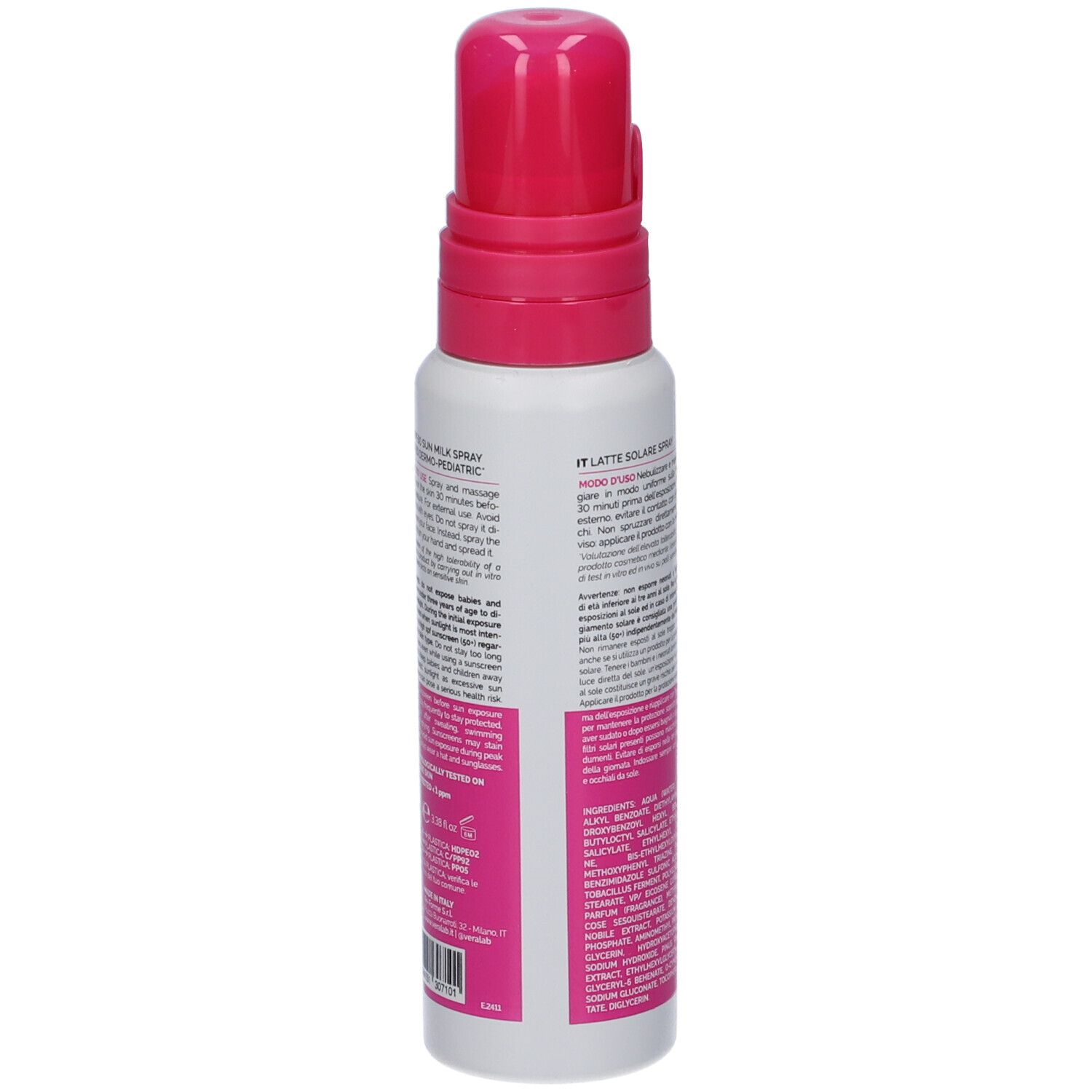 Retro del flacone di protezione solare. Testo in più lingue, tra cui l'italiano. Contiene ingredienti.