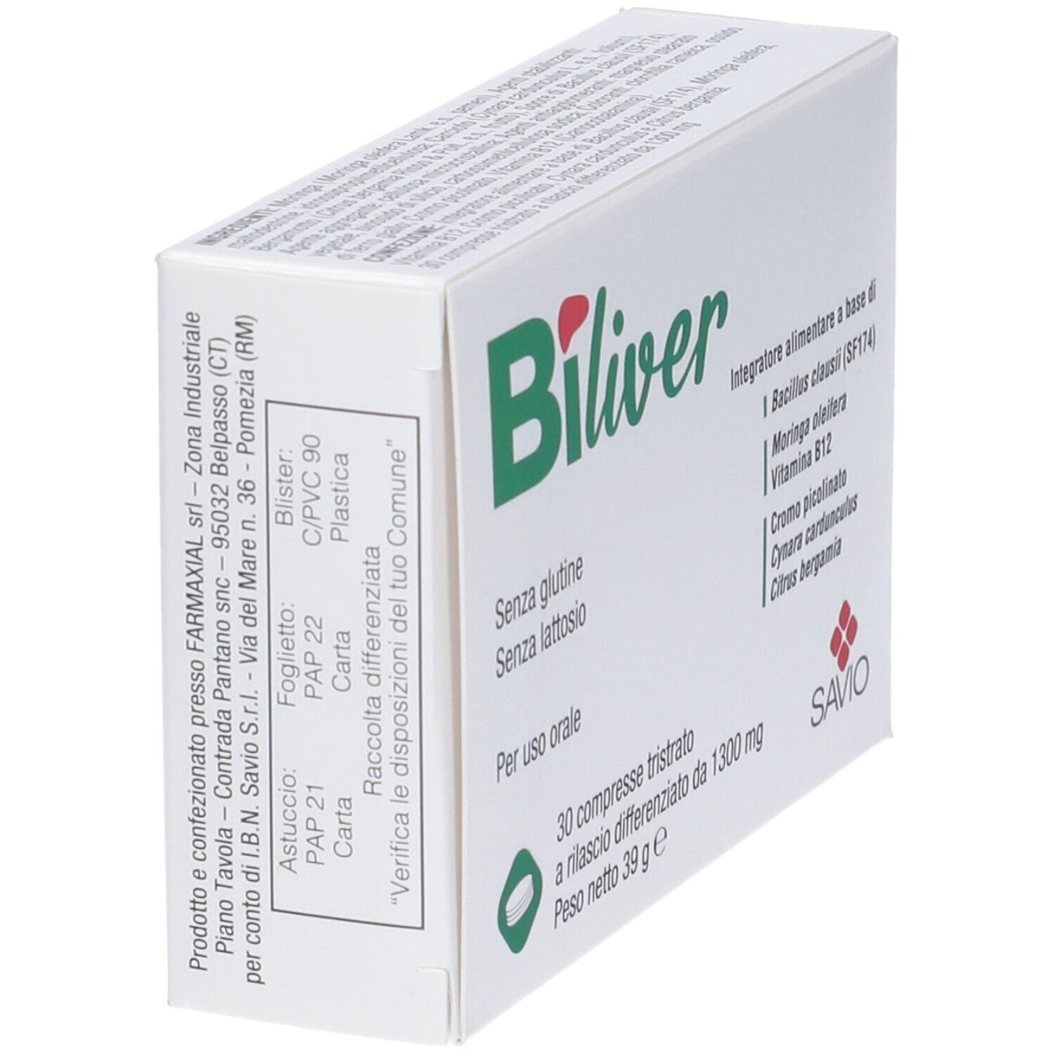 Scatola bianca con logo verde "Biliver". Contiene 30 compresse. Senza glutine e lattosio. Logo Savio.