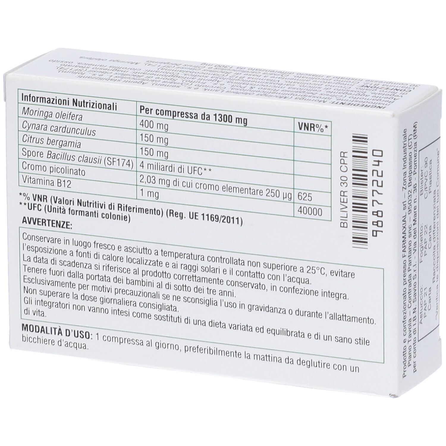 Retro della scatola "Biliver". Contiene informazioni nutrizionali e istruzioni per l'uso. Testo in italiano.