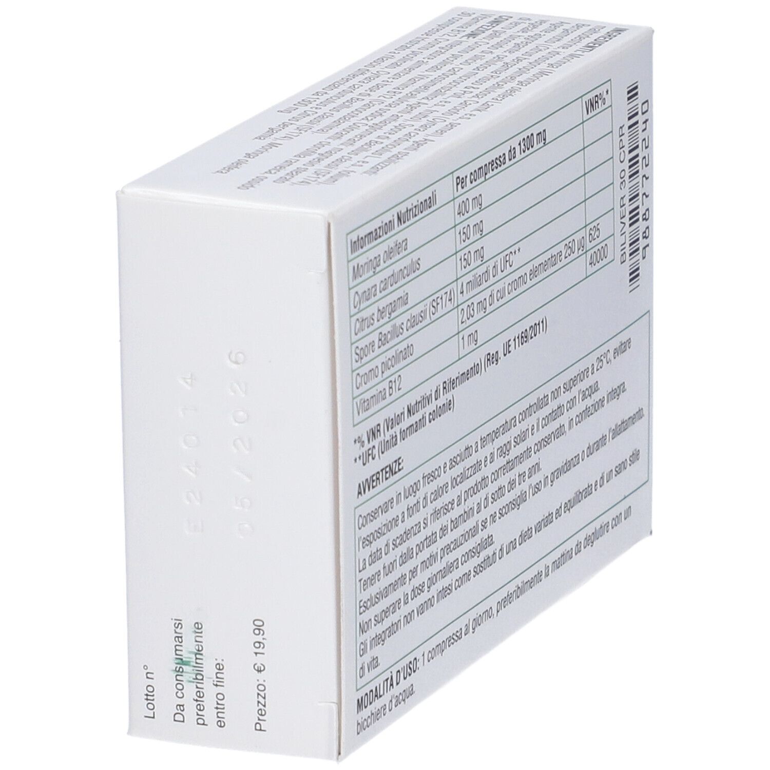 Vista laterale della scatola "Biliver". Contiene informazioni sugli ingredienti e il prezzo. Testo in italiano.