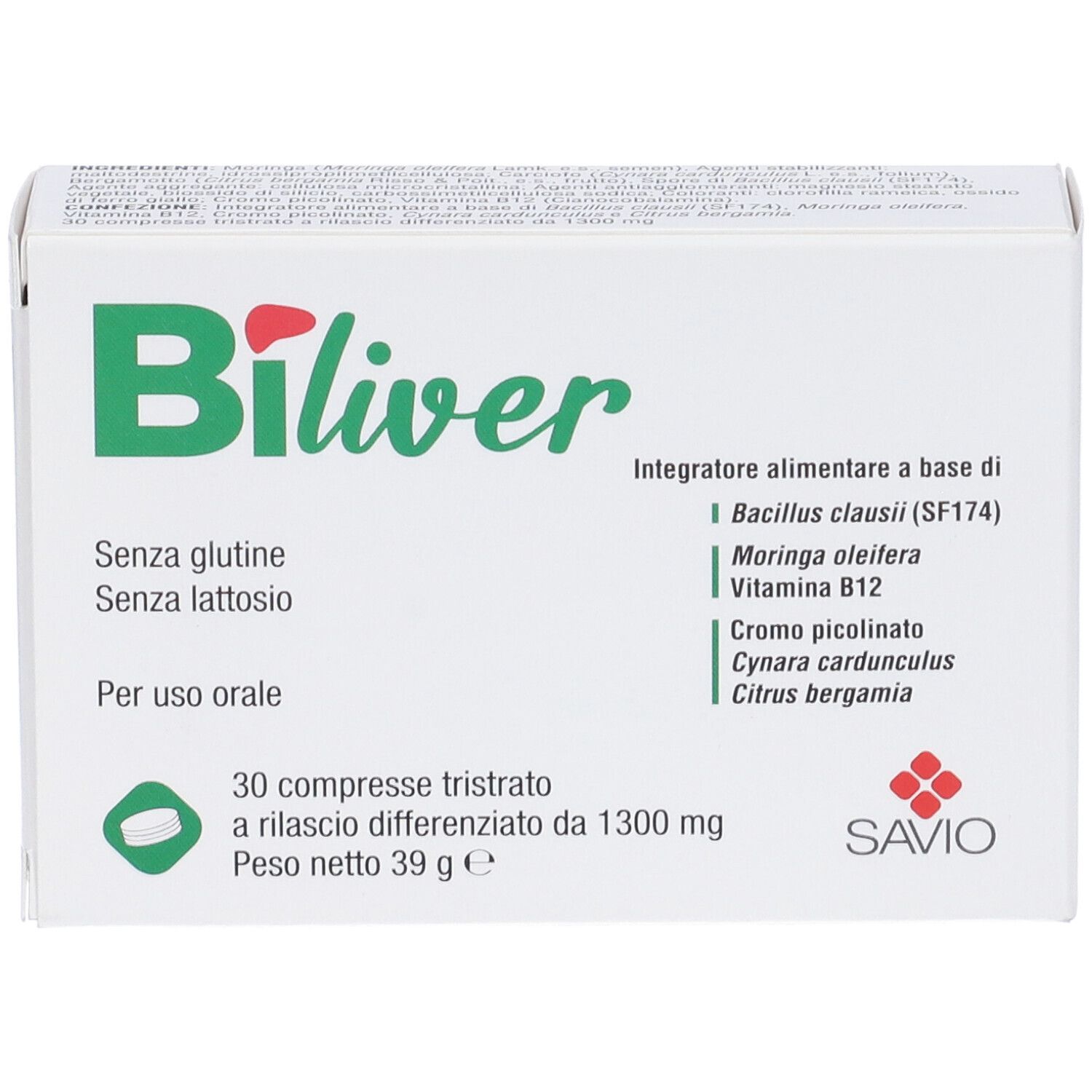 Scatola bianca con logo verde "Biliver". Contiene 30 compresse. Senza glutine e lattosio. Logo Savio.