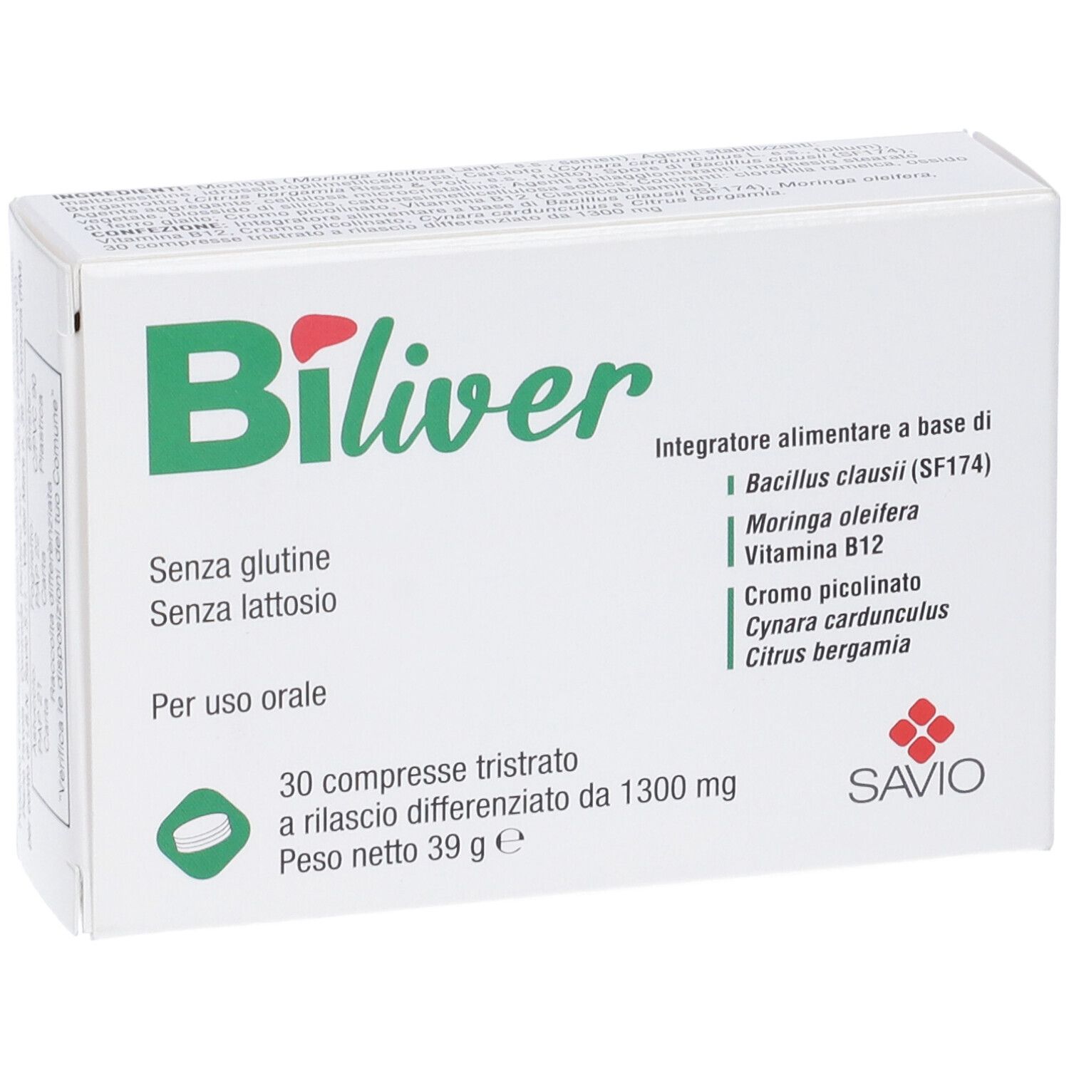 Scatola bianca con logo verde "Biliver". Contiene 30 compresse. Senza glutine e lattosio. Logo Savio.
