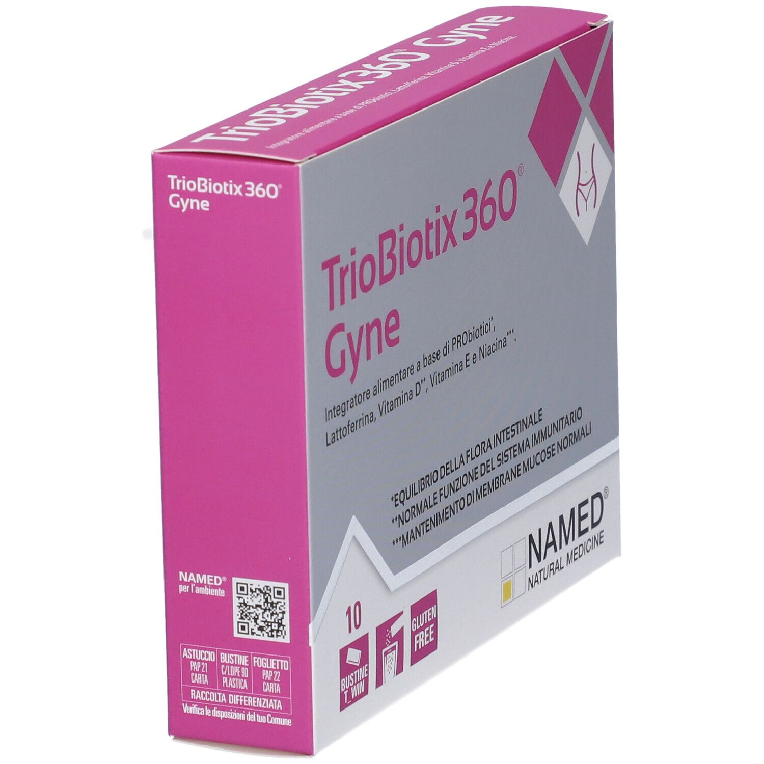Vista angolata della confezione Triobiotix 360 Gyne. Rosa e bianca, nome e logo. 10 bustine, senza glutine.