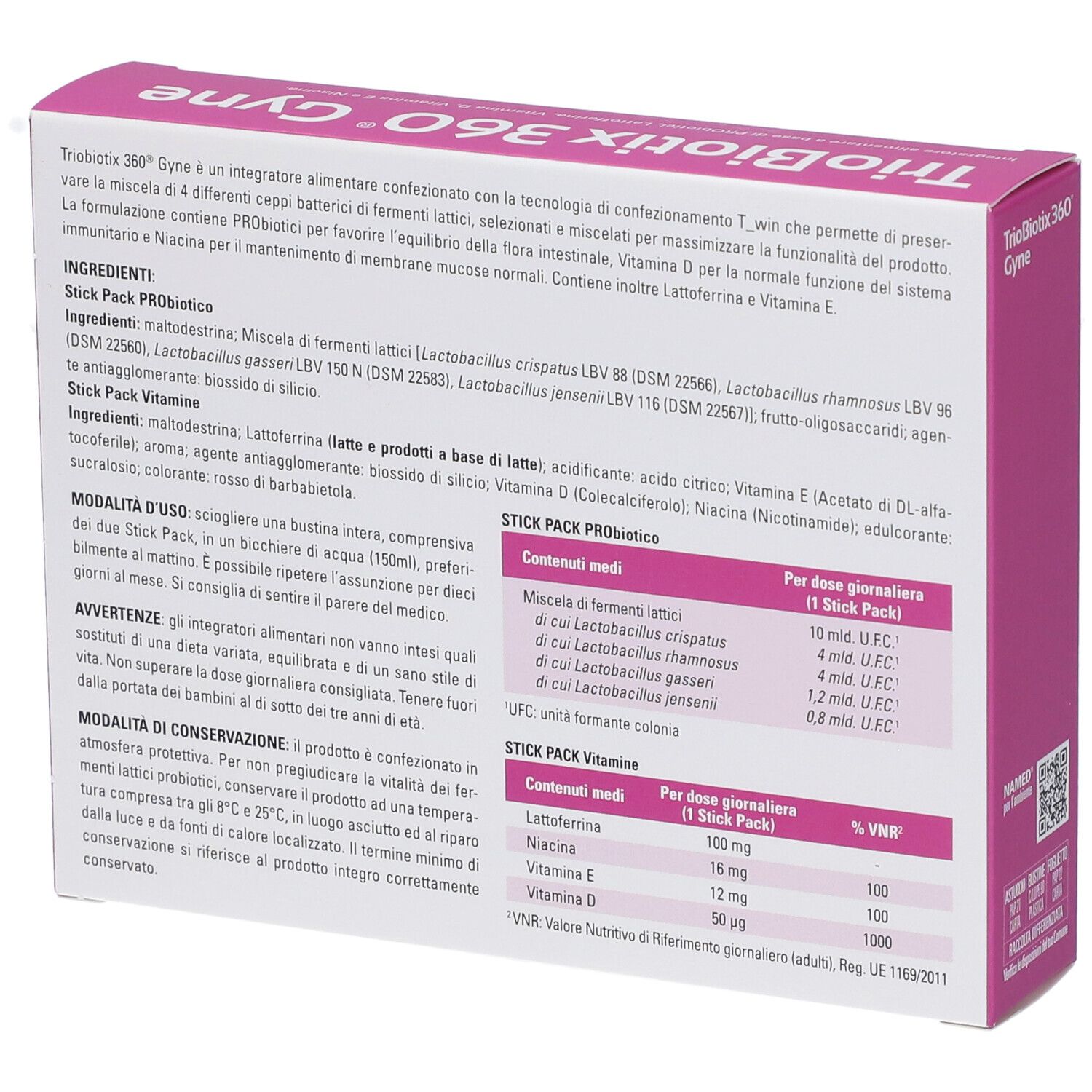 Retro della confezione Triobiotix 360 Gyne. Contiene informazioni sugli ingredienti e il dosaggio. Testo in italiano.
