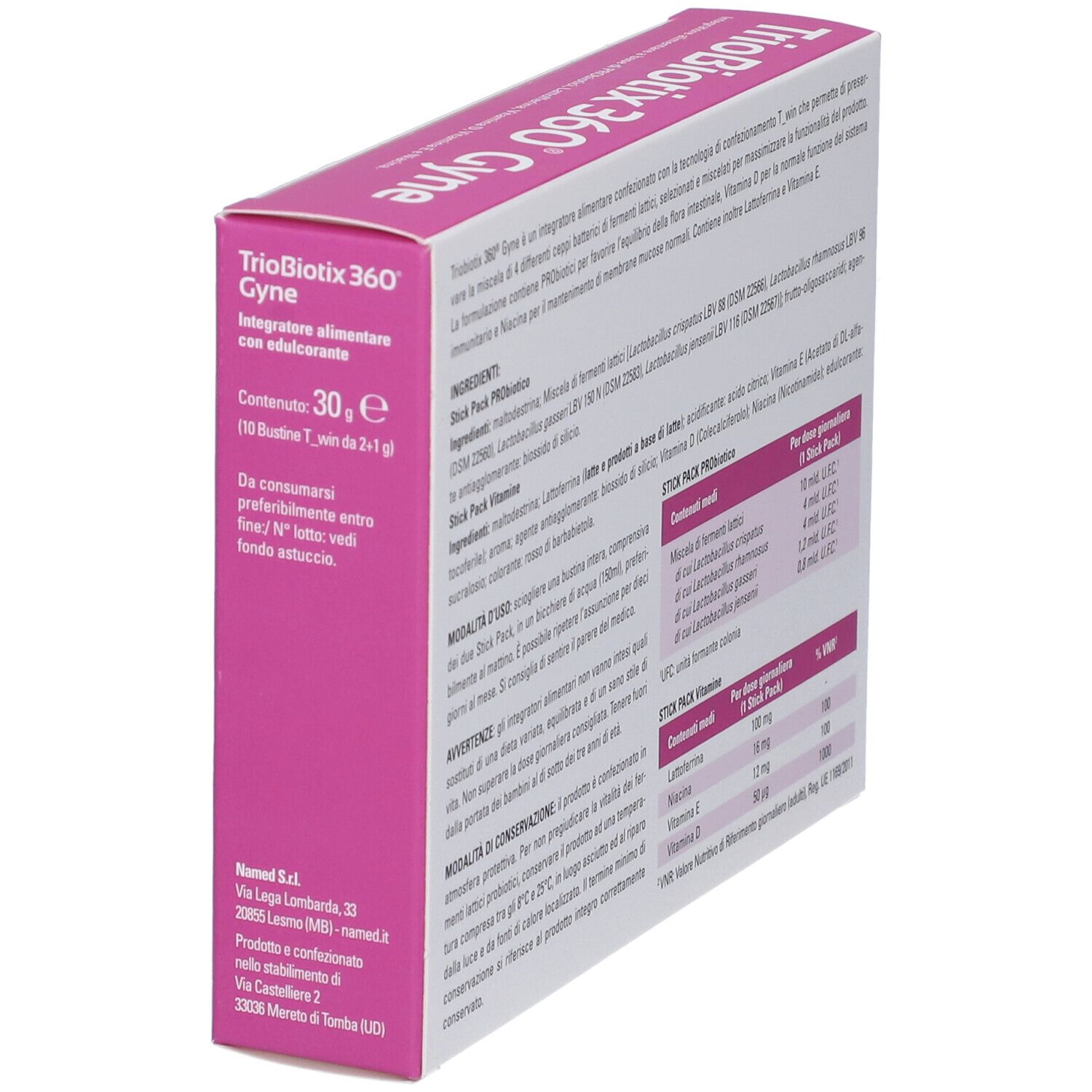 Vista angolata del retro della confezione Triobiotix 360 Gyne. Informazioni su ingredienti e dosaggio. Testo in italiano.