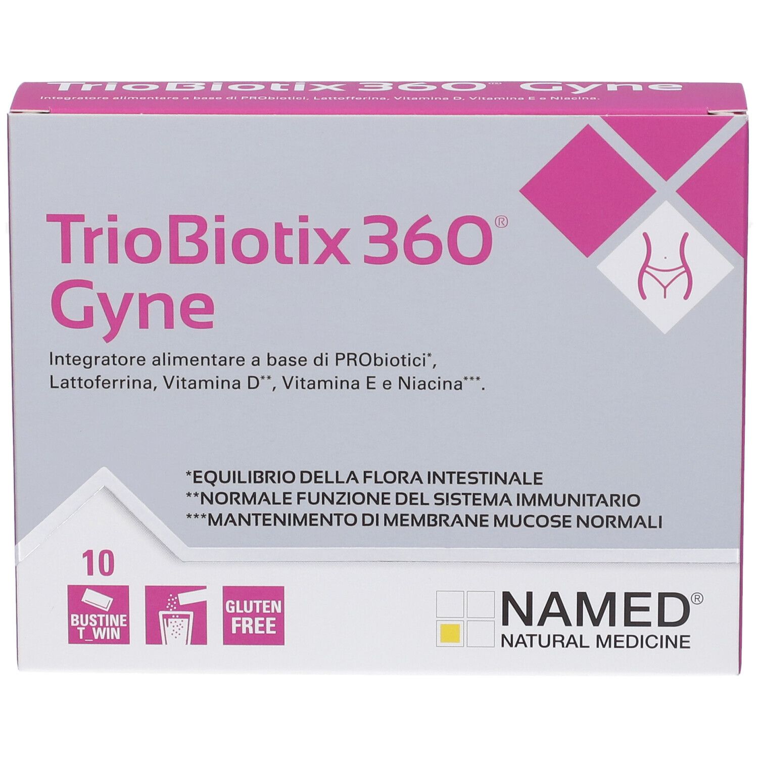 Vista frontale della confezione Triobiotix 360 Gyne. Rosa e bianca, nome e logo. Contiene 10 bustine. Senza glutine.