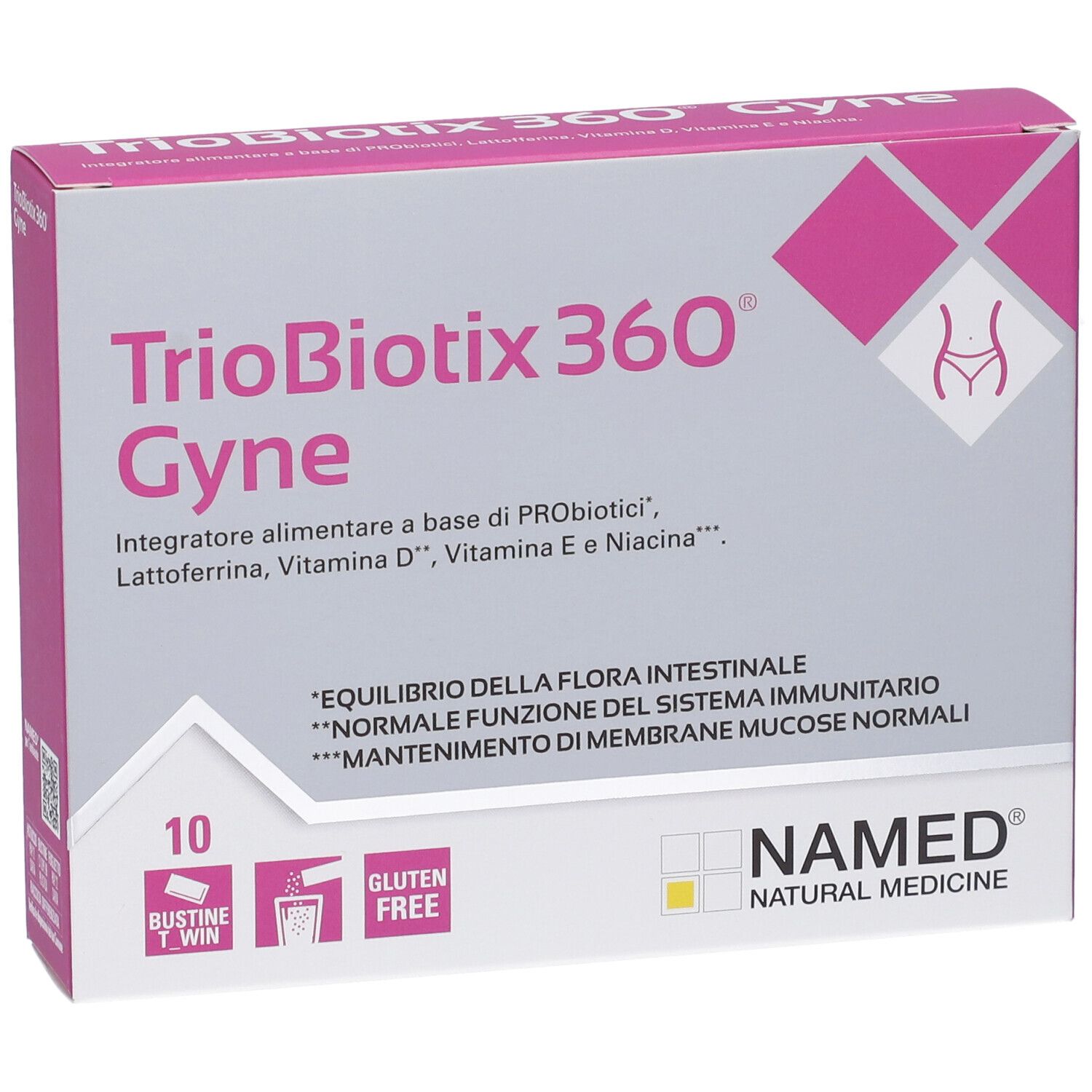 Vista frontale della confezione Triobiotix 360 Gyne. Rosa e bianca, nome e logo. Contiene 10 bustine. Senza glutine.