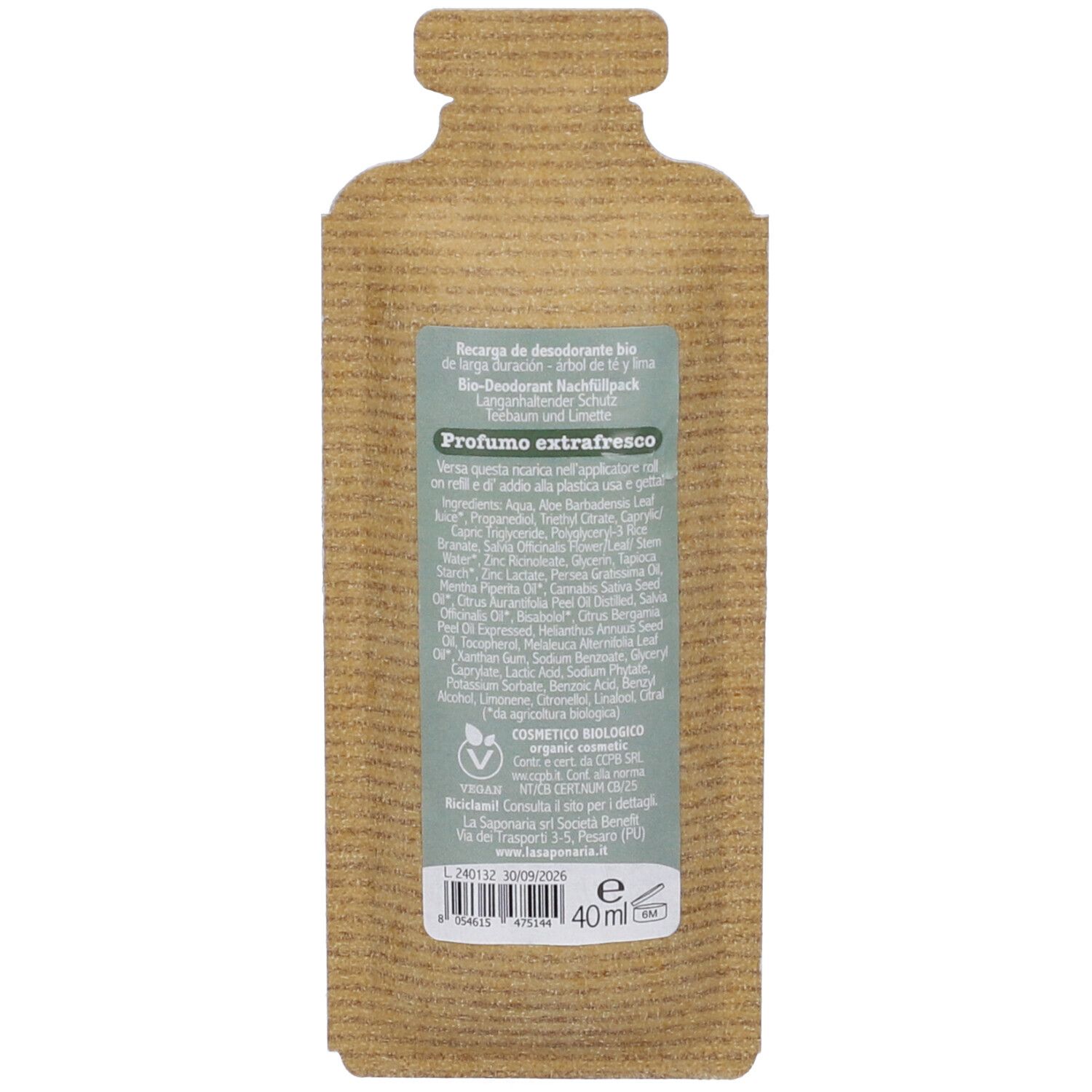 Retro della ricarica Biodeo Alaska. Testo e ingredienti su etichetta verde. Certificazioni: COSMETIC BIOLOGICO.