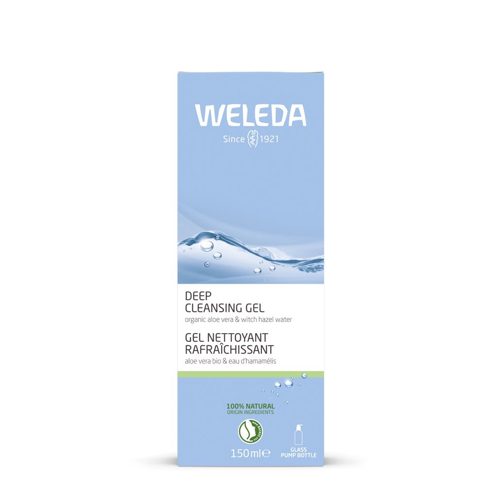 Confezione azzurra. Scritta: WELEDA, Deep Cleansing Gel. Testo in tedesco, francese. 100% naturale.