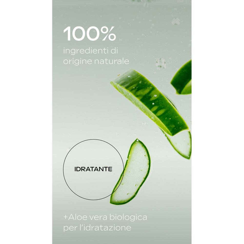 Foglie di aloe vera. Testo: 100% ingredienti di origine naturale. Idratante.