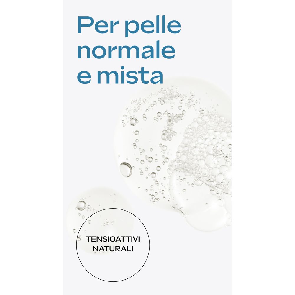 Bolle nell'acqua. Testo: Per pelli normali e miste. Tensioattivi naturali.