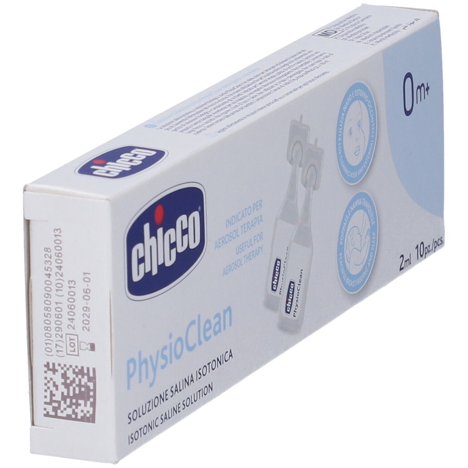 Vista angolata della scatola Chicco Physioclean. Soluzione salina isotonica. 0m+. Codice a barre e dati.