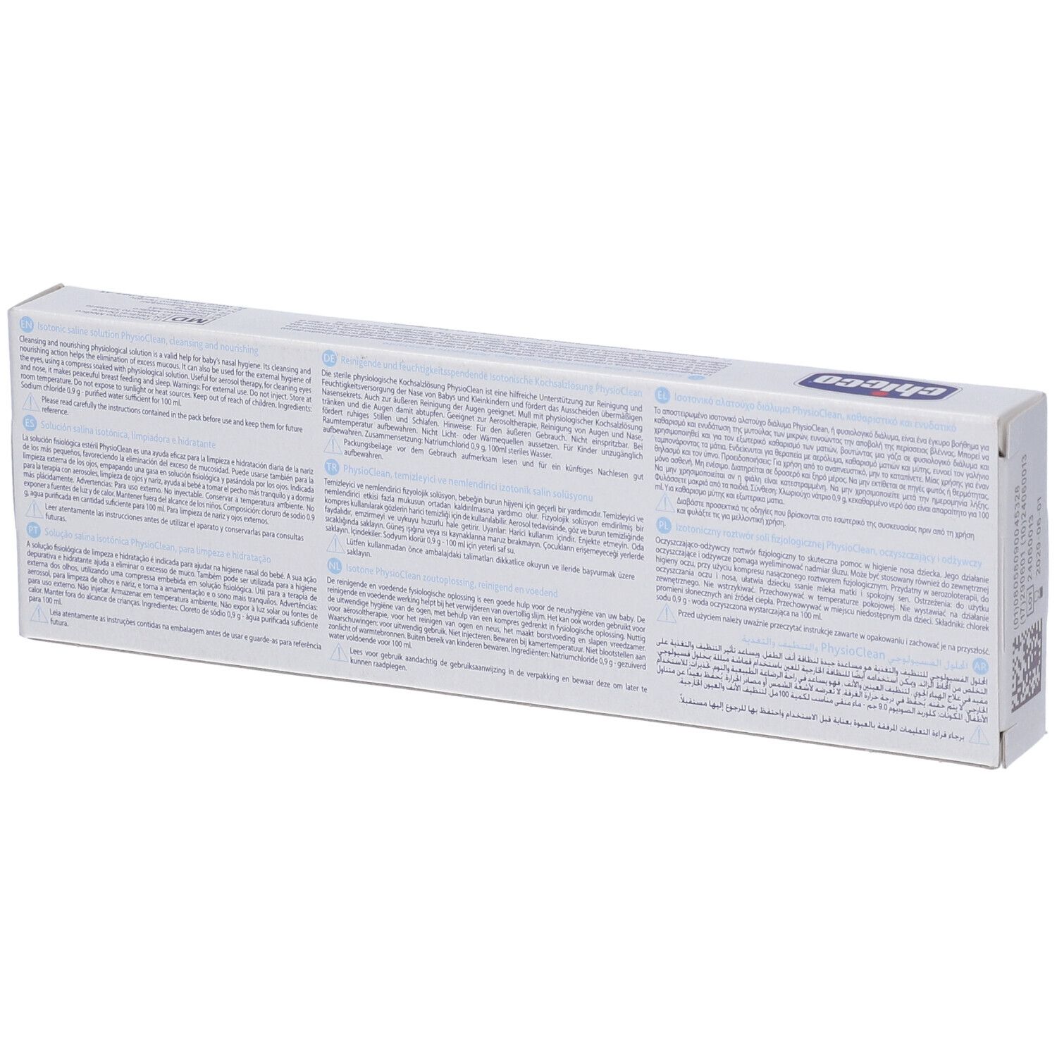 Retro della scatola Chicco Physioclean. Testo multilingue. Soluzione salina isotonica. Informazioni.
