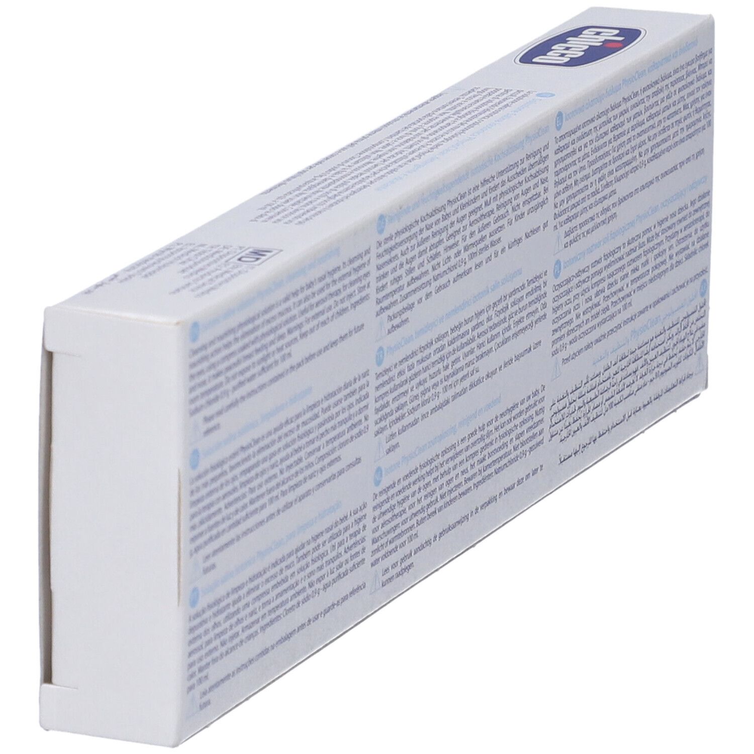 Vista angolata del retro della scatola Chicco. Testo multilingue. Soluzione salina isotonica. Dettagli.