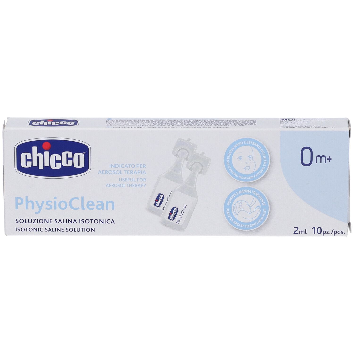 Scatola Chicco Physioclean. Soluzione salina isotonica. 0m+. Immagine flaconcini. Per aerosol.