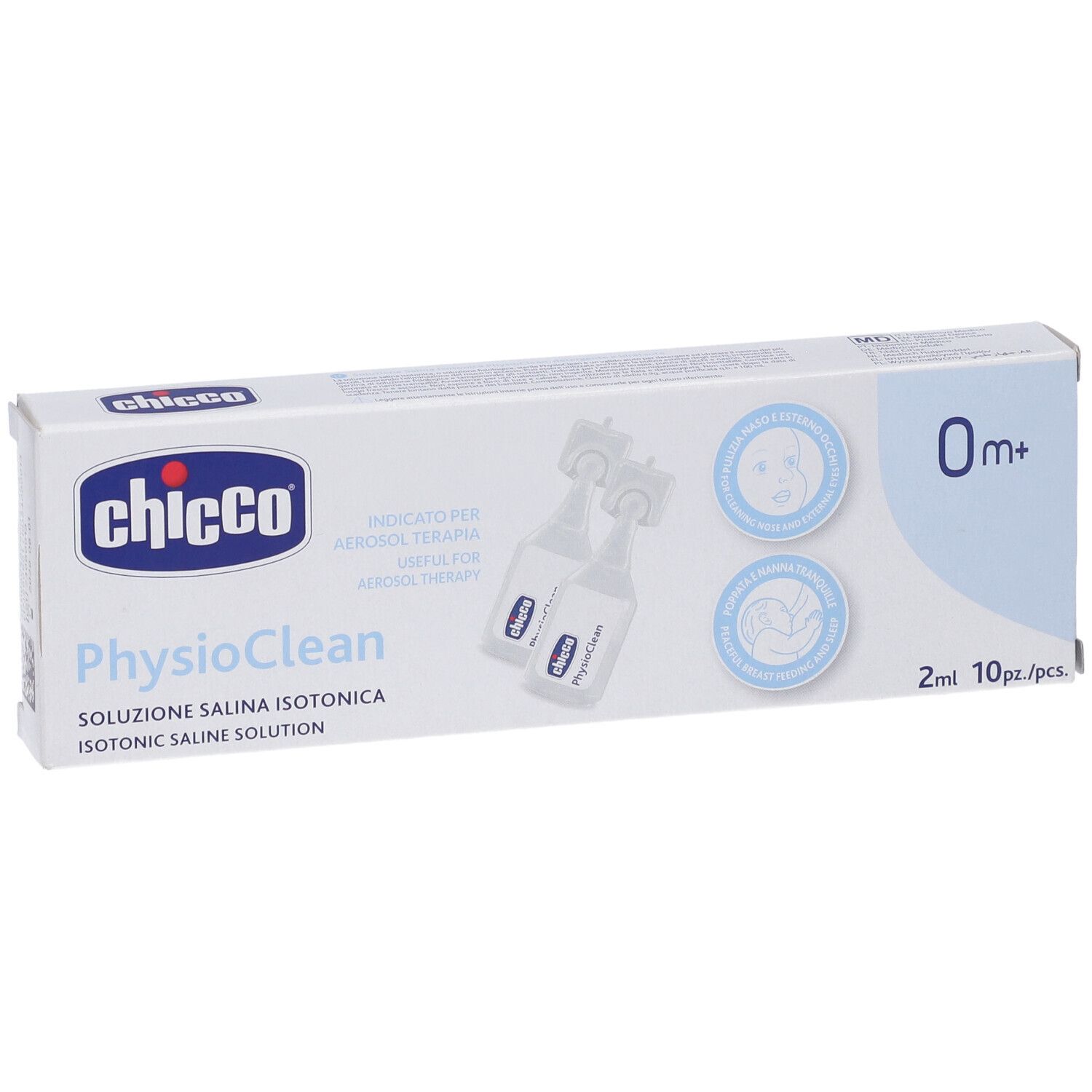 Scatola Chicco Physioclean. Soluzione salina isotonica. 0m+. Immagine flaconcini. Per aerosol.
