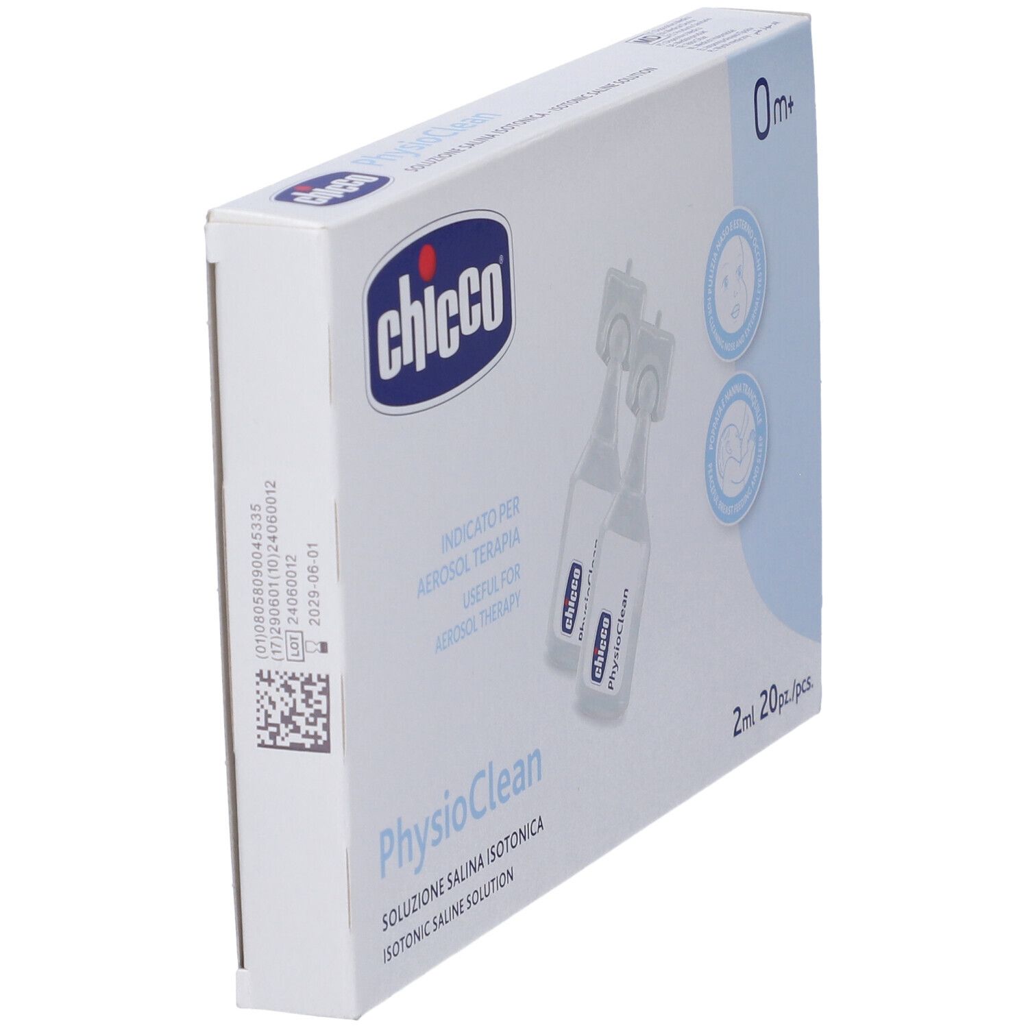 Confezione angolata di Physioclean Chicco con fiale. Scritta: 0m+ e 2ml. Indicato per aerosolterapia.