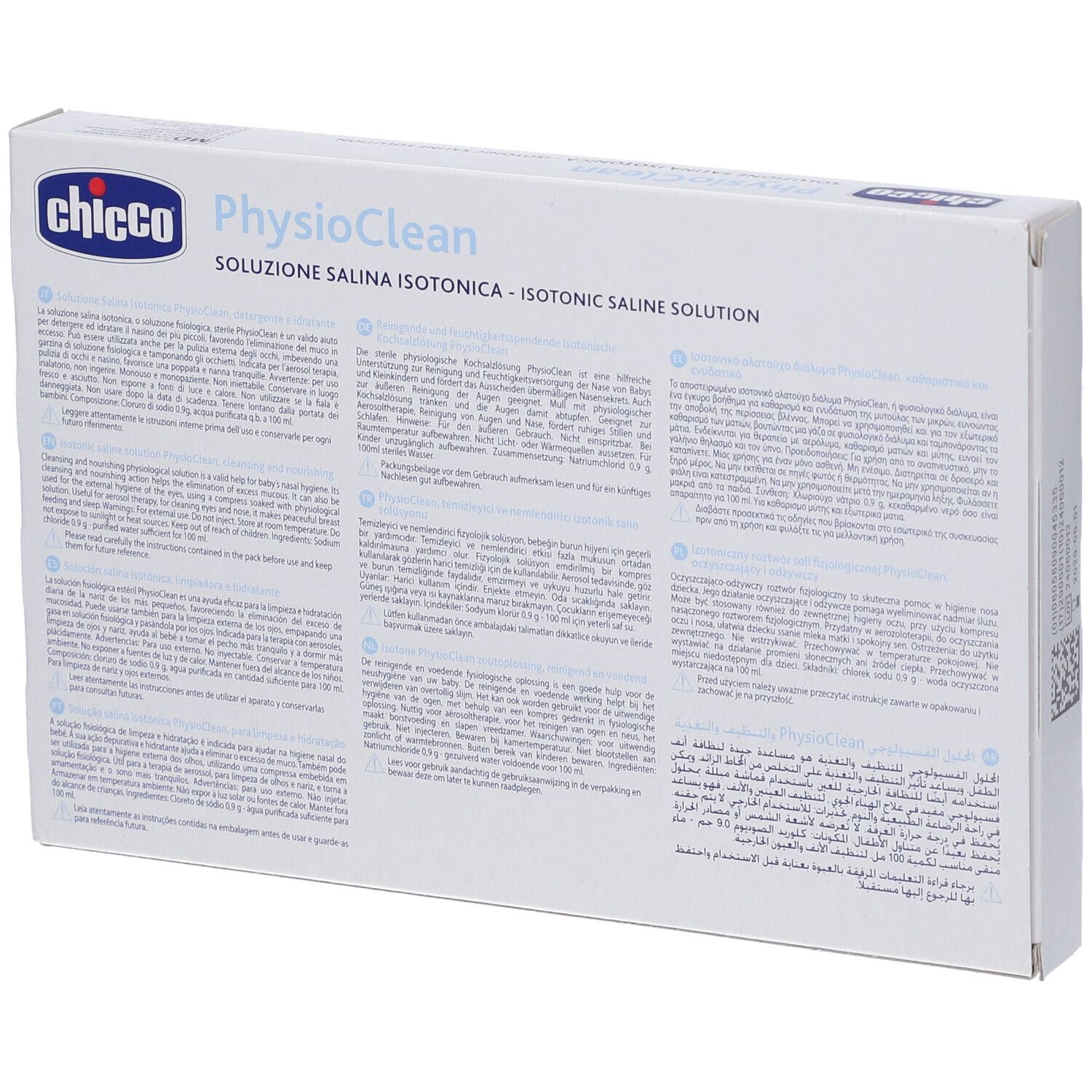 Retro confezione Physioclean. Testo multilingue. Marchio Chicco. Informazioni sul prodotto.