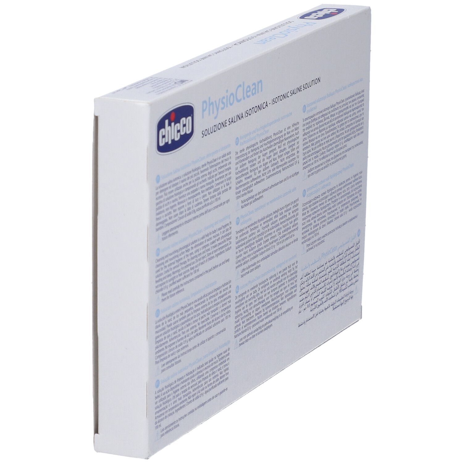 Vista laterale della confezione Physioclean. Testo multilingue. Marchio Chicco. Informazioni sul prodotto.