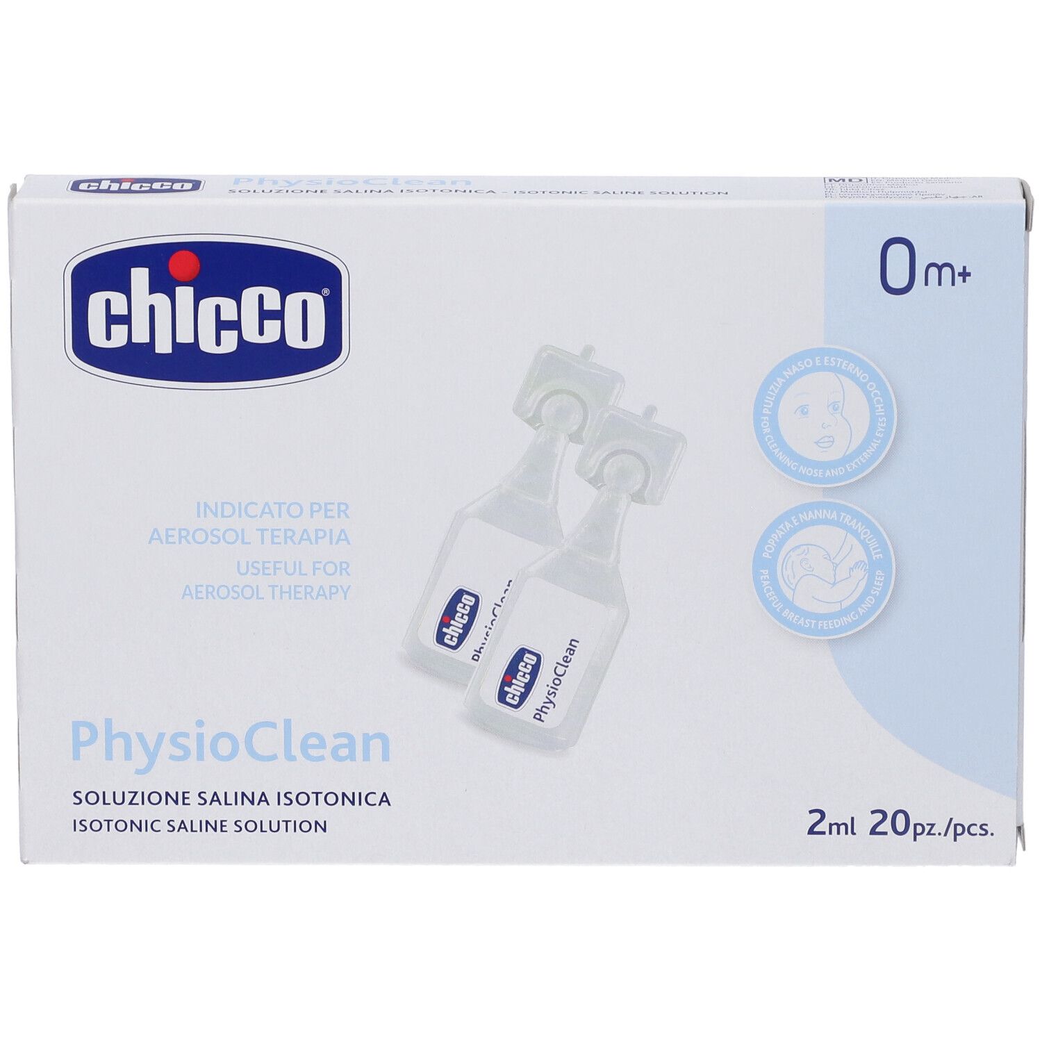 Confezione Chicco Physioclean con fiale. Scritta: 0m+ e 2ml. Indicato per aerosolterapia.