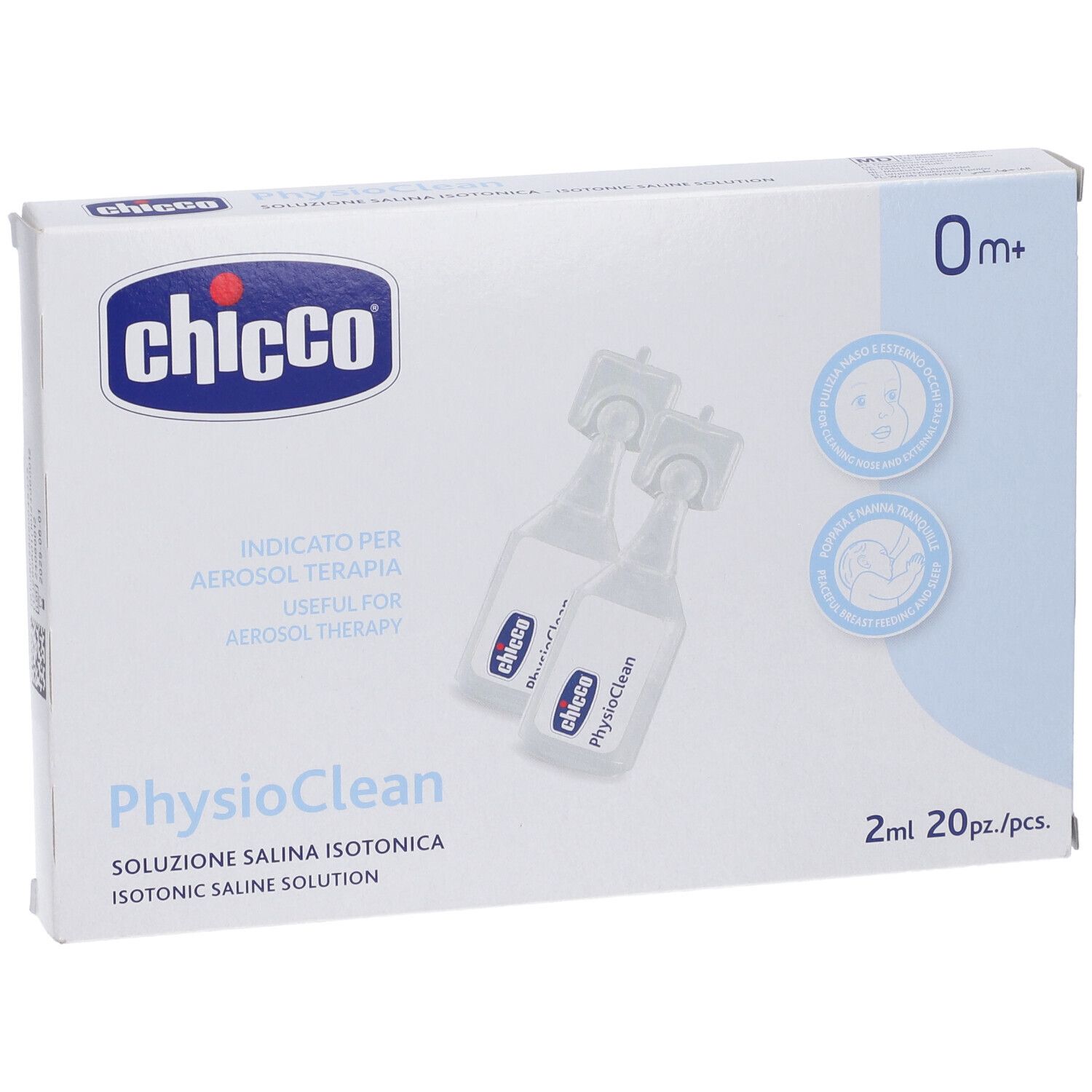 Confezione Chicco Physioclean con fiale. Scritta: 0m+ e 2ml. Indicato per aerosolterapia.