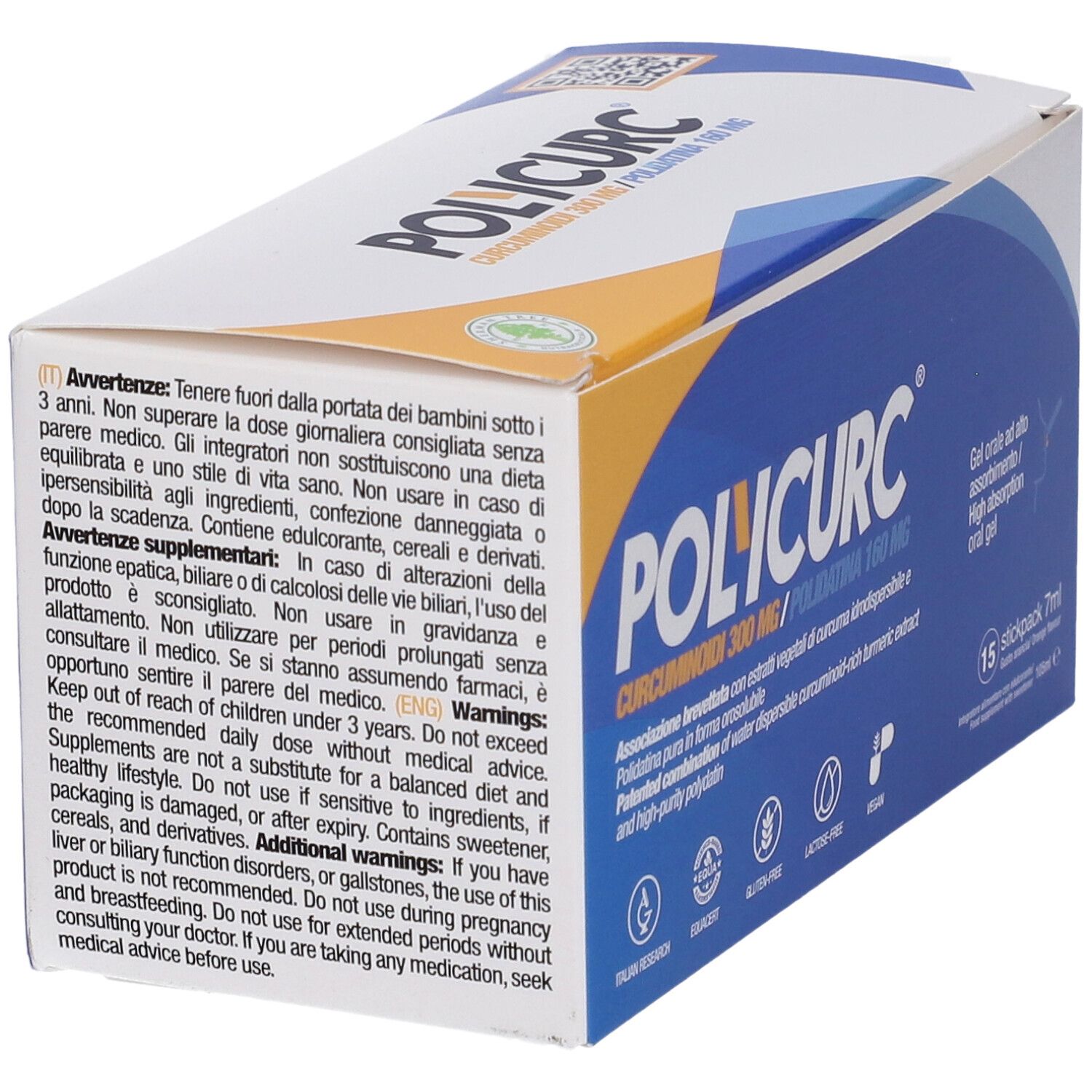 Confezione Polycurc Gel Orale Stick. Scatola con informazioni e avvertenze. Contiene 15 stick.