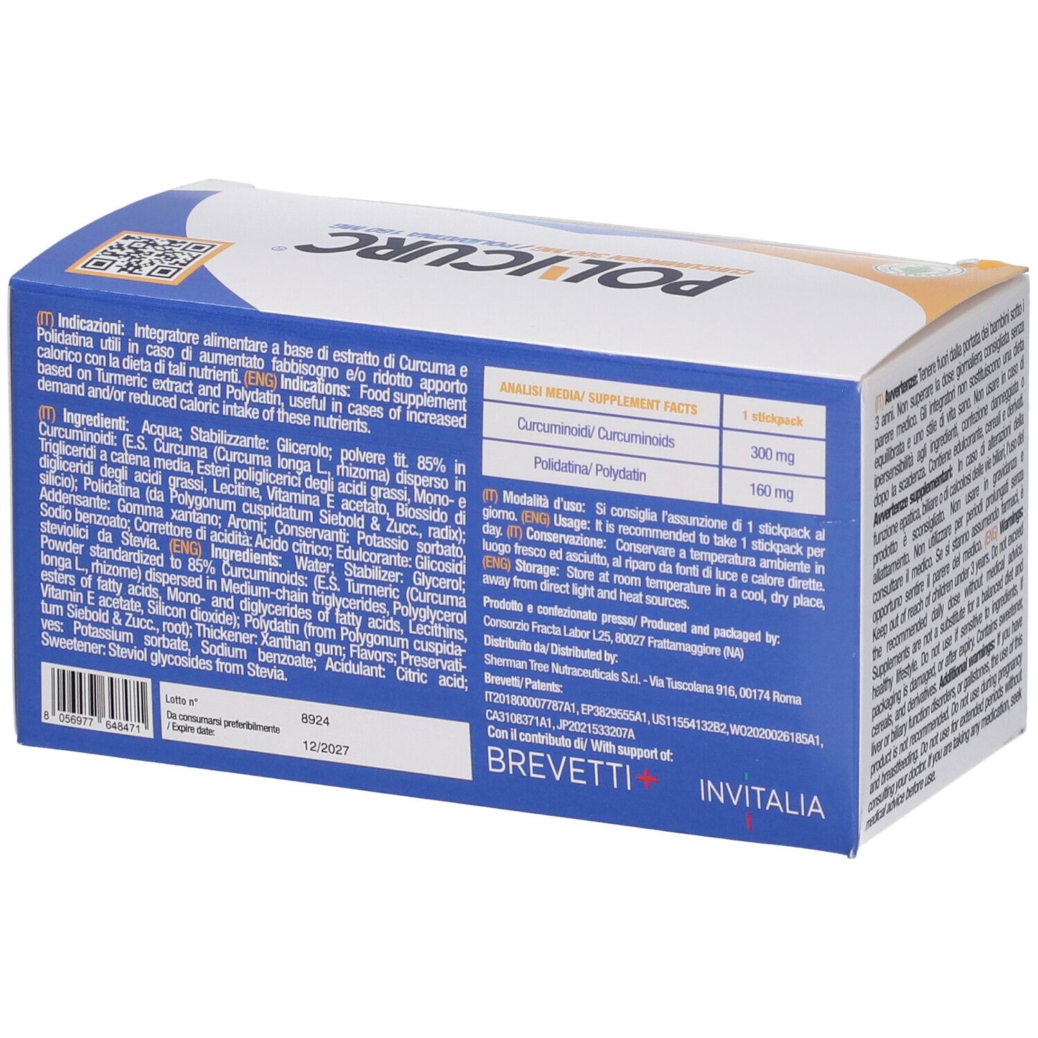 Retro della confezione Polycurc Gel Orale Stick. Contiene ingredienti e informazioni sul dosaggio. 15 stick.