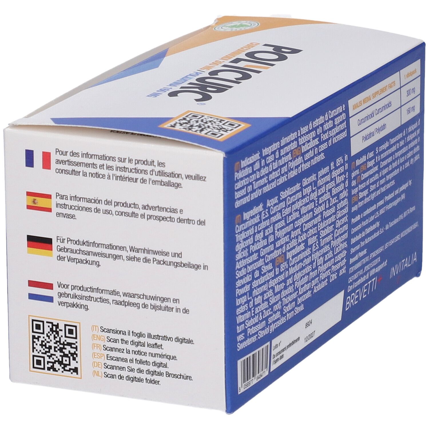 Confezione Polycurc Gel Orale Stick. Informazioni multilingue e codice QR. Contiene 15 stick.