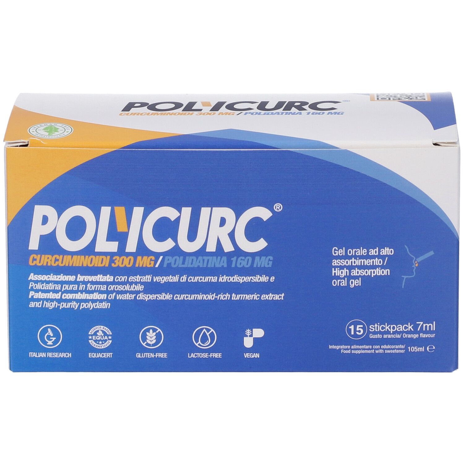 Confezione Polycurc Gel Orale Stick. Scatola blu e bianca con nome del prodotto e informazioni. 15 stick.