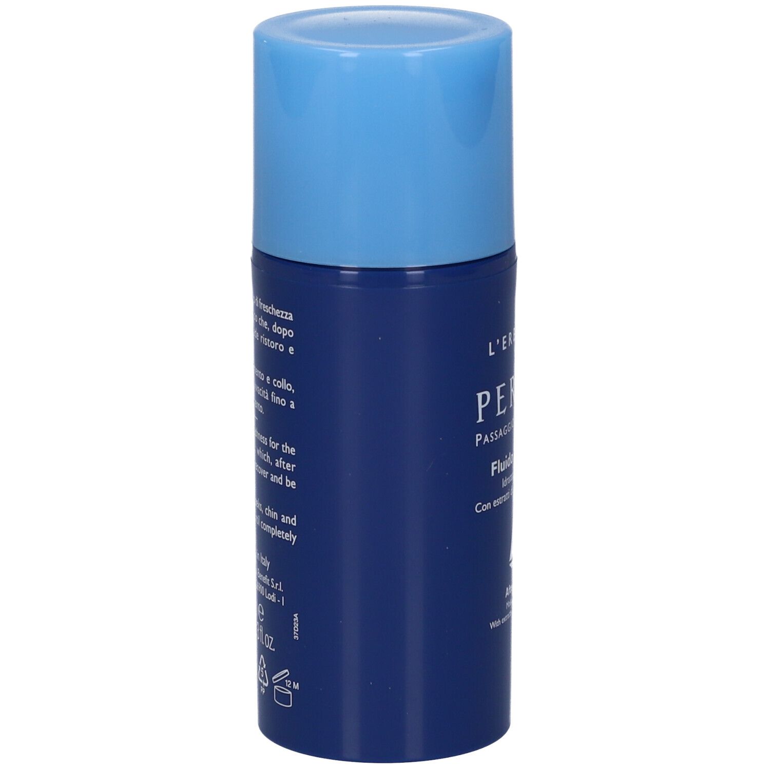 Flacone blu con tappo blu, vista laterale. Testo: L'Erbolario, Periplo, Fluido Dopobarba.