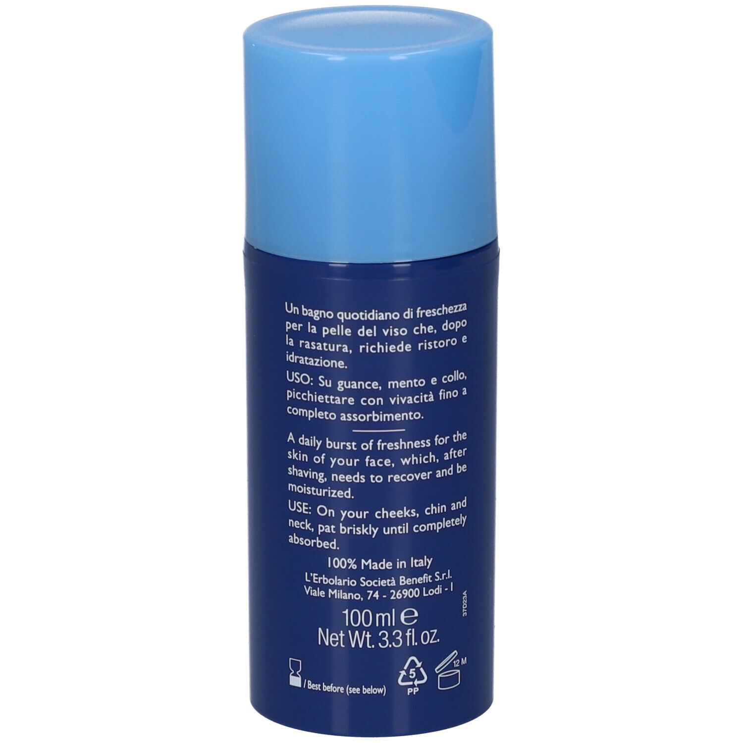 Flacone blu con tappo blu. Testo: L'Erbolario, Periplo, Fluido Dopobarba. 100 ml.
