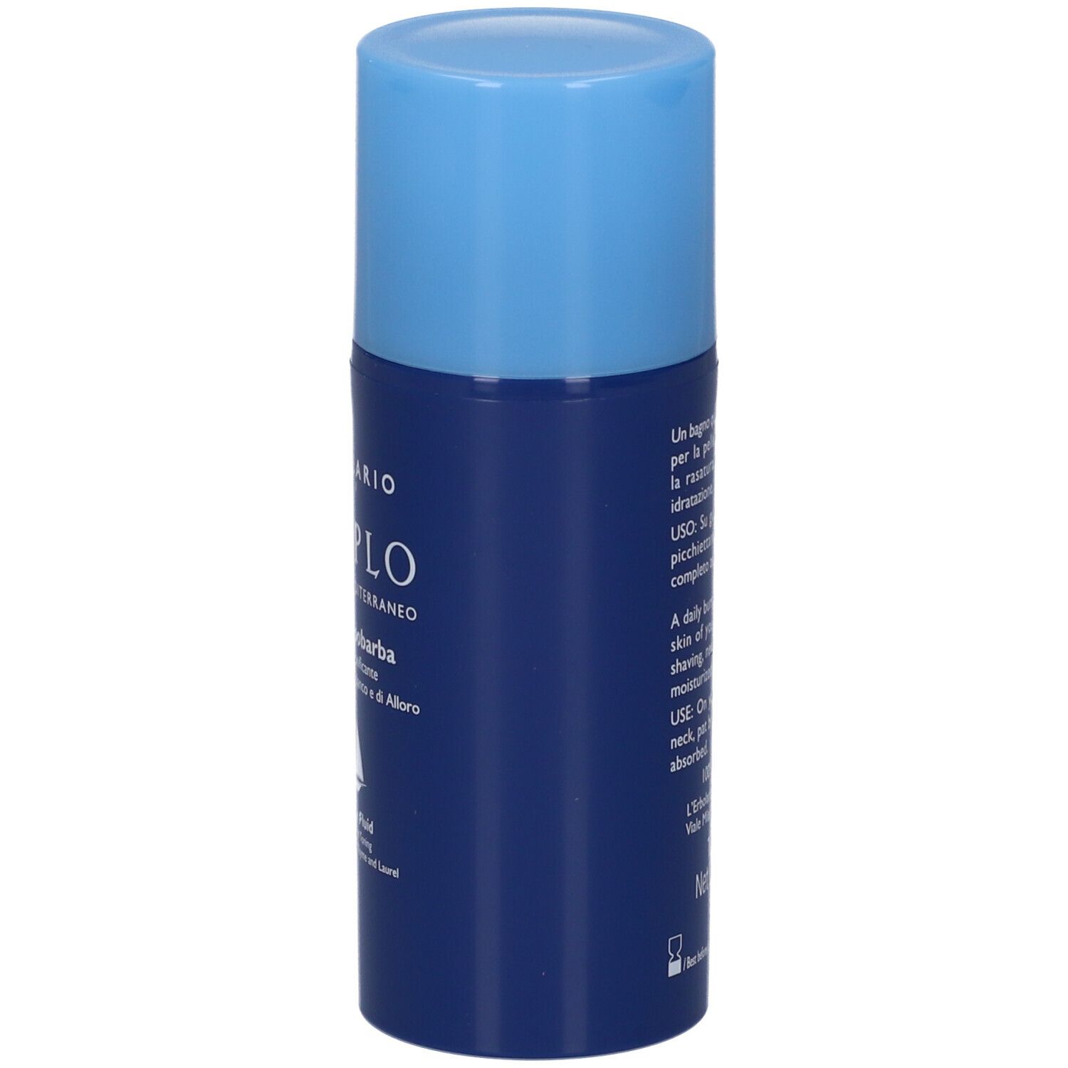 Flacone blu con tappo blu. Testo: L'Erbolario, Periplo, Fluido Dopobarba. Aftershave Fluid.