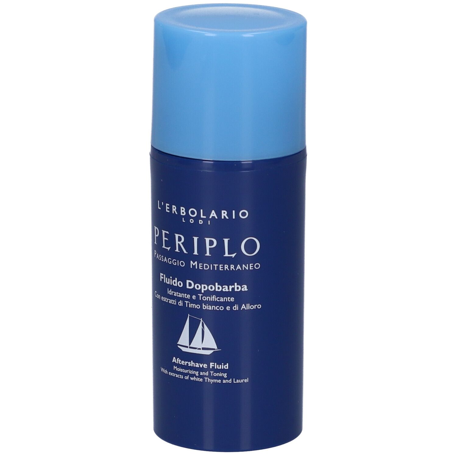 Flacone blu con tappo blu. Testo: L'Erbolario, Periplo, Fluido Dopobarba. Aftershave Fluid.
